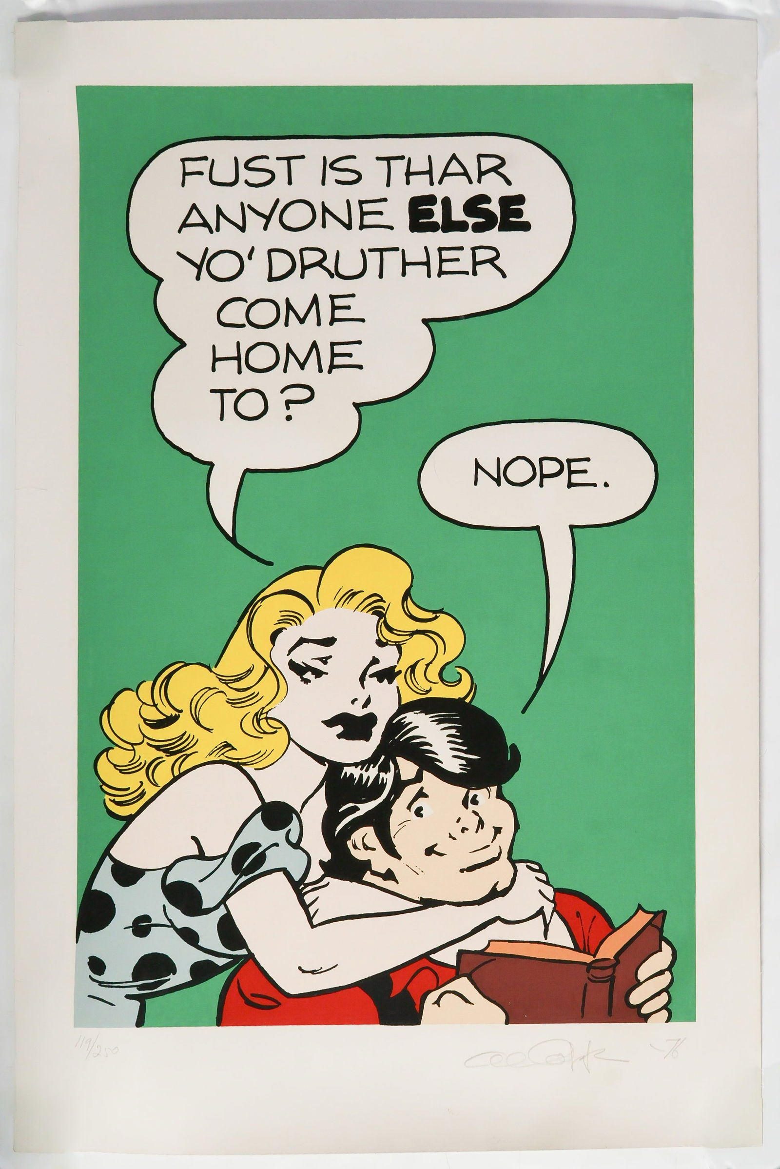 AL CAPP: (1909 - 1979) American cartoonist, creator of Lil Abner. A large lithographed ‘Lil Abner’ comic image on linen-backed paper, 36 x 24 in., an image of Daisy Mae embracing Li'l Abner. She