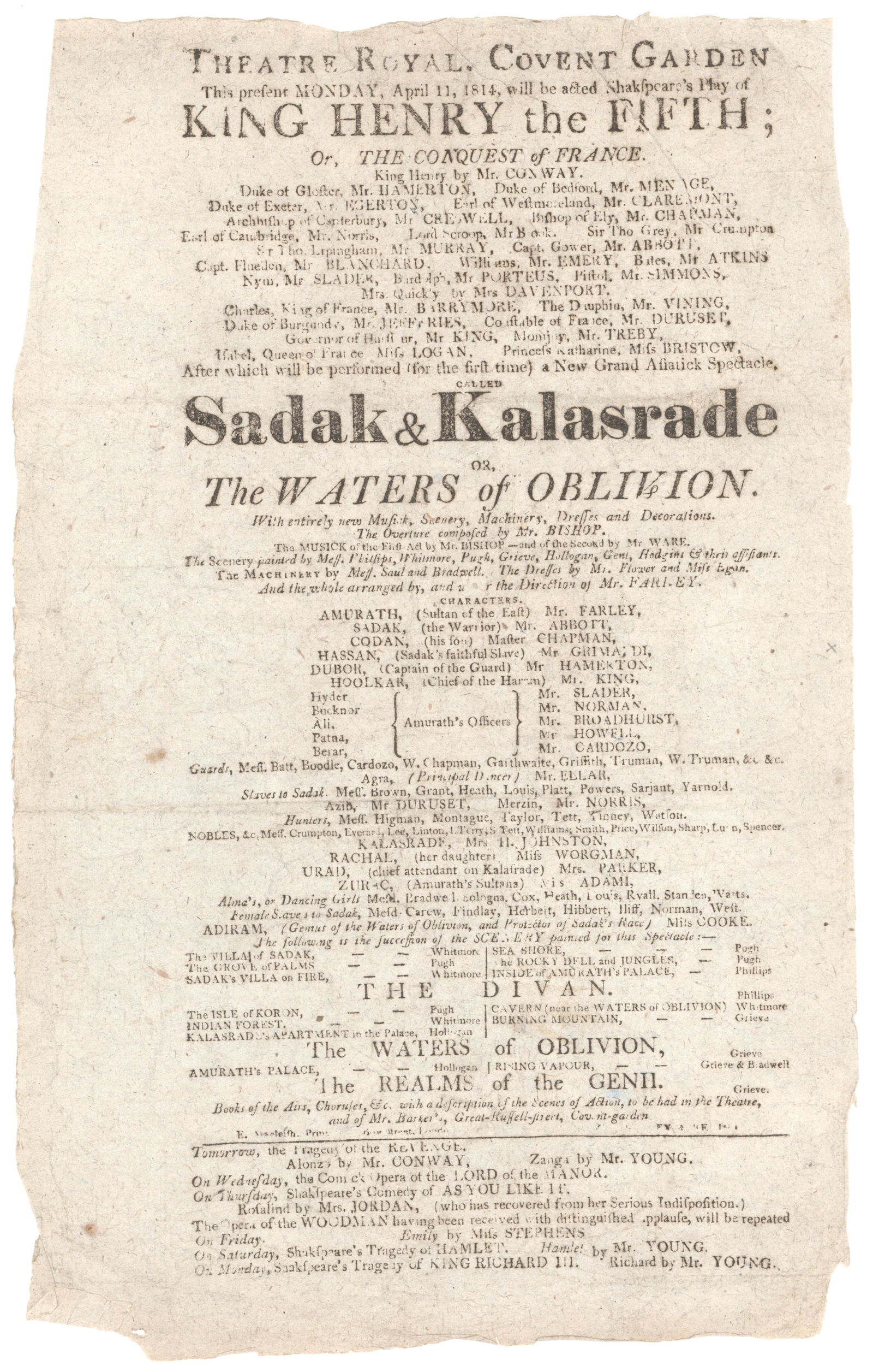 THEATRE ROYAL, COVENT GARDEN PLAYBILLS (4): Lot of four printed playbills from the famous Theatre Royal (Drury Lane) in Covent Garden, London, each 1p. 4to. on thin paper, all ca. early 1800s. Several works of Shakespeare are among the