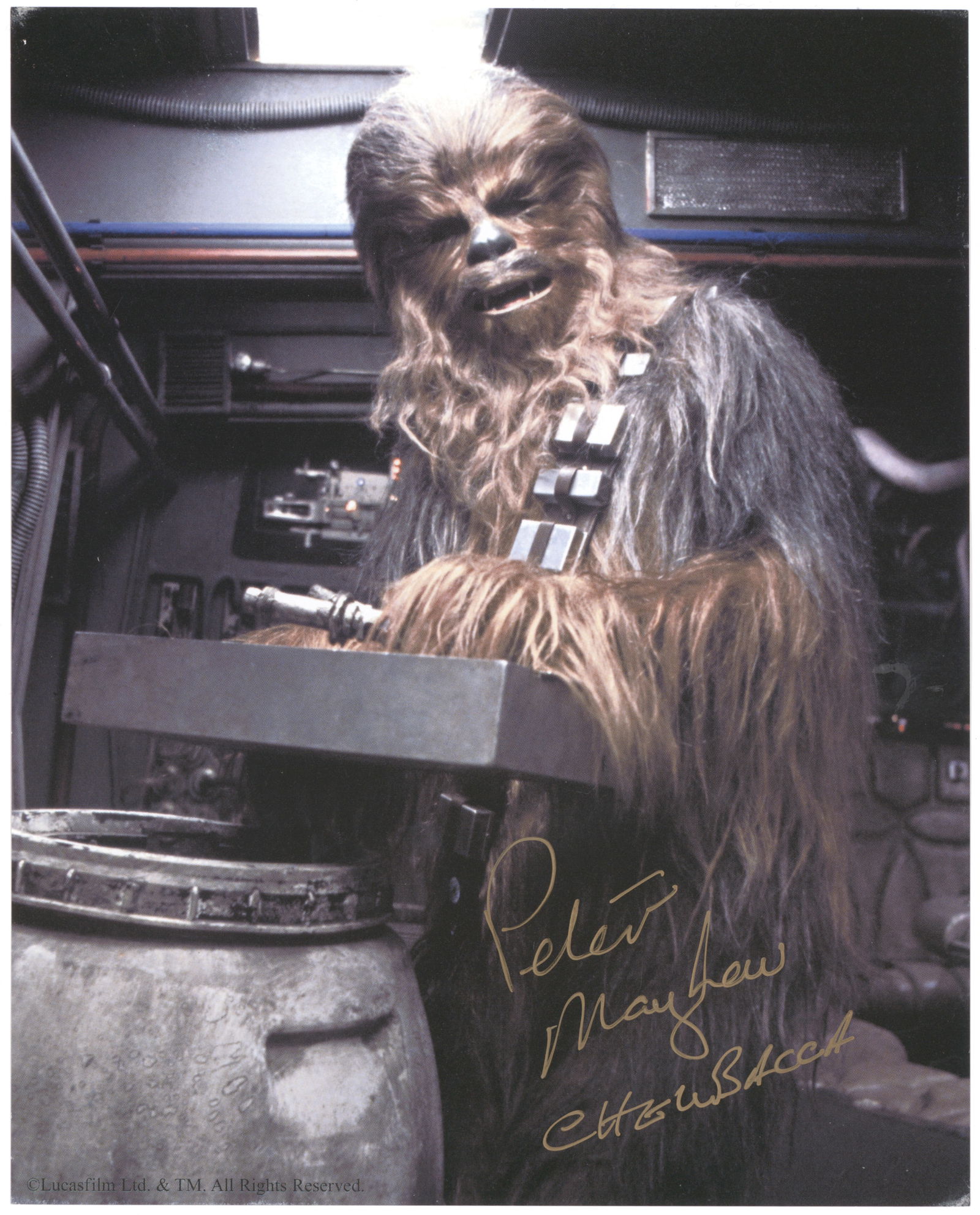(STAR WARS): PETER MAYHEW (1944-2019) American actor best known for his role as the Wookiee Chewbacca in the Star Wars film series. S.P. 8 x 10 in. color, boldly signed at lower right adding