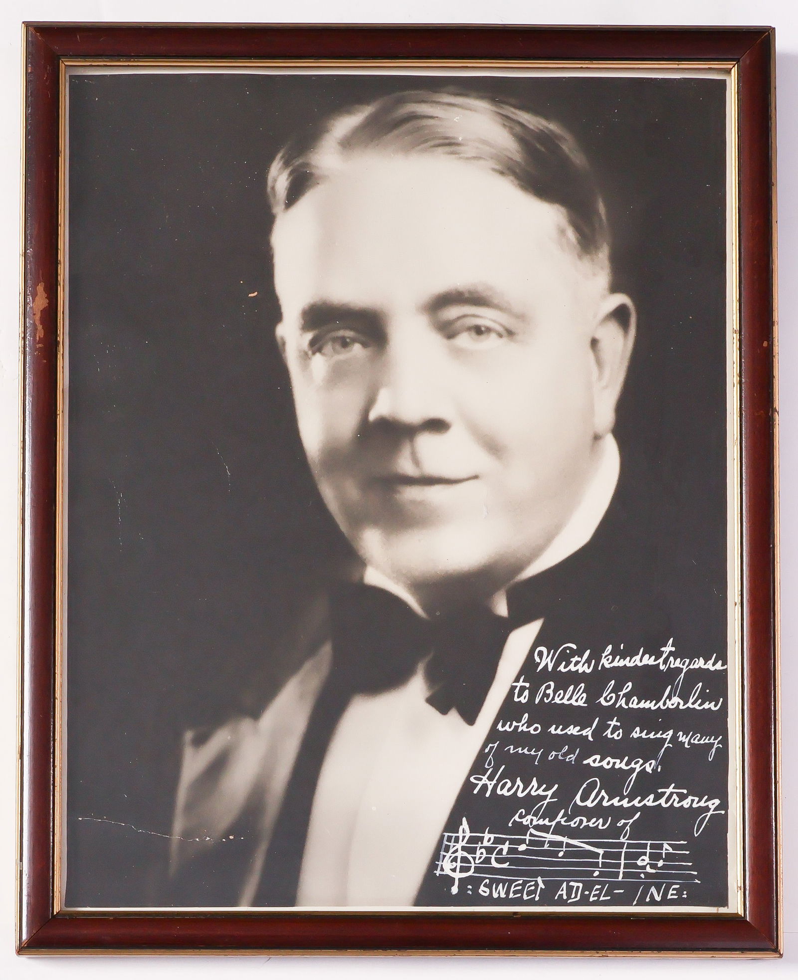 HARRY ARMSTRONG: (1879 - 1951) American singer, pianist, Tin Pan Alley composer, and booking agent best known for his 'Sweet Adeline'. Scarce very early S.P., 8 x 10 in. b/w, a chest, up pose inscribed to a lady '...w