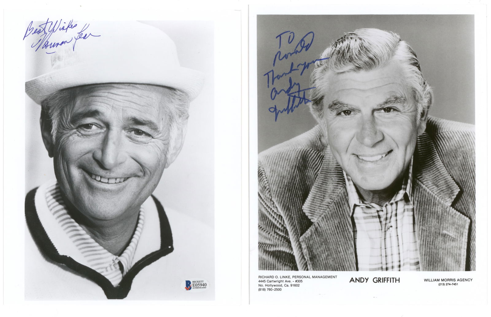 TELEVISION AND HOLLYWOOD (15): Lot of signed photographs, all generally 8 x 10 in. color and b/w, includes: JOAN FONTAINE, ANDY GRIFFITH, YVONNE DE CARLO, TIM CONWAY, NORMAN LEAR, JEFF CONAWAY, JOEY BISHOP, GEORGE LINDSEY (as