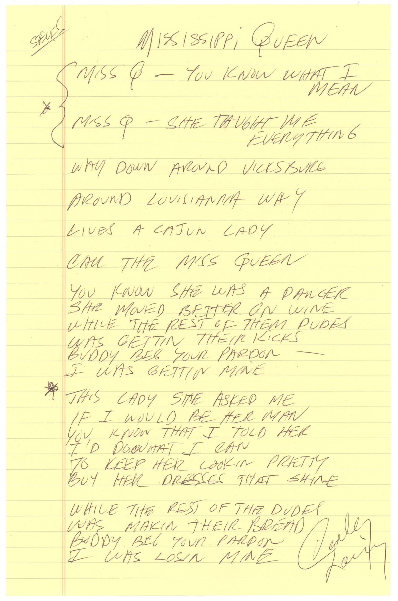 MOUNTAIN - CORKY LAING 'MISSISSIPPI QUEEN' LYRICS: CORKY LAING (b. 1948) Mountain drummer and songwriter of exceptional talent. He and guitarist/vocalist Leslie West were the only members to appear on every album. Terrific A.D.S., 1p. legal folio,