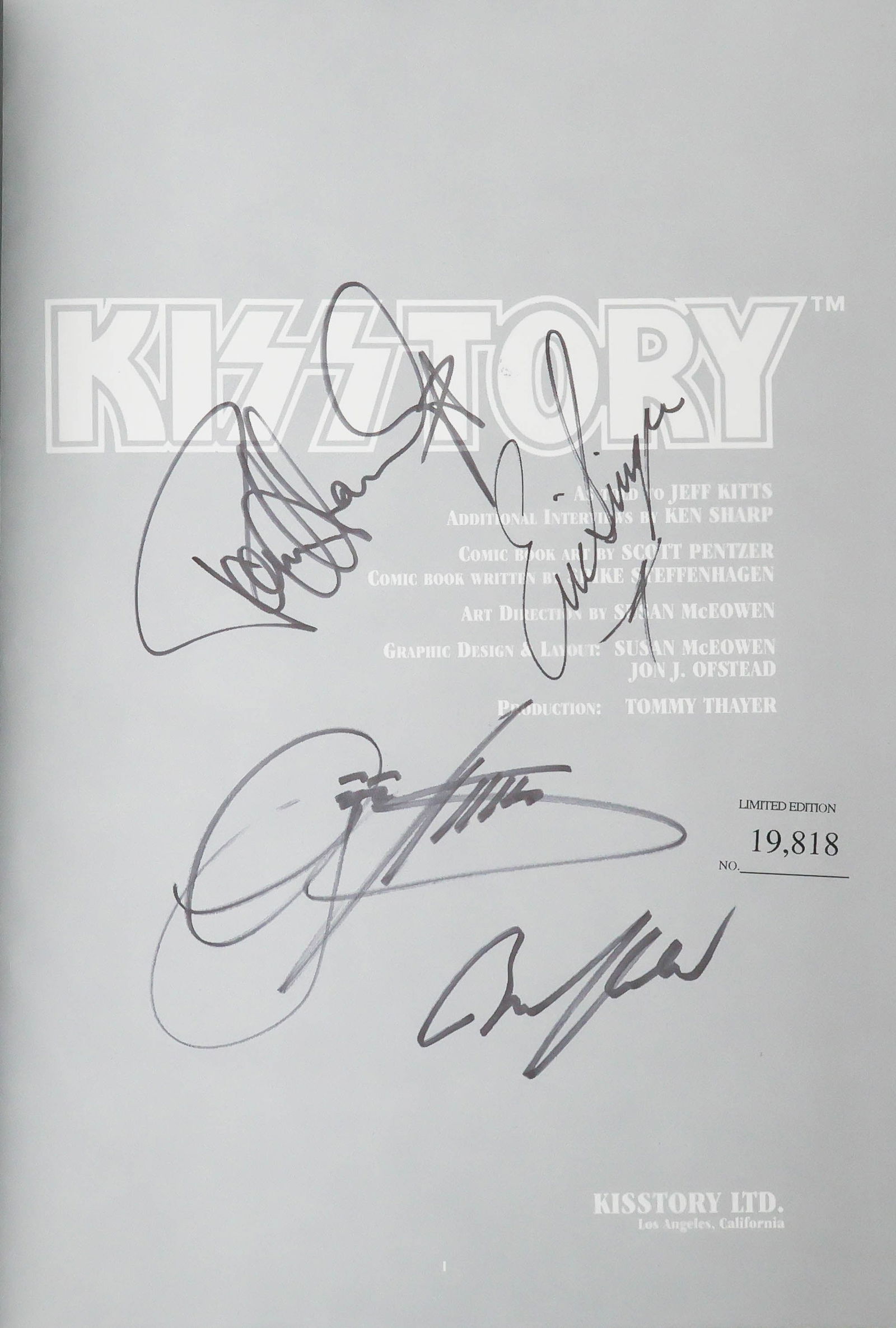 'KISS': Great signed book 'Kisstory' (Los Angeles: Kisstory Ltd.), 1994. Approx. 400pp. 10.5 x 14.75 in. in black faux leather with silver title. A lavishly-illustrated history of the famous rock band, the