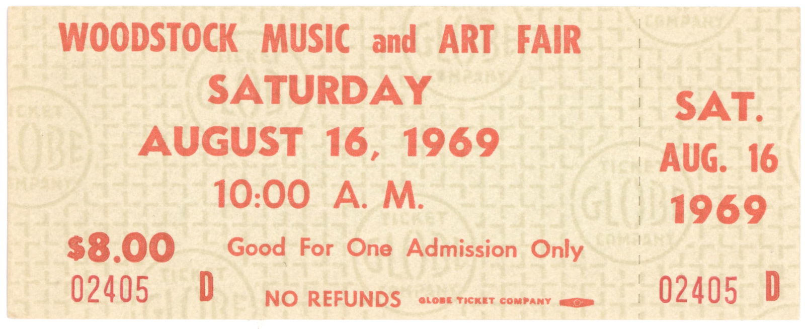 WOODSTOCK MUSIC FESTIVAL 'SATURDAY' TICKET: Scarce unused ticket allowing admittance to the 'Woodstock Music and Art Fair', Saturday, Aug. 16, 1969, 5 x 2 in. and bearing the Globe Ticket Co. watermark. These green tickets were intended to be