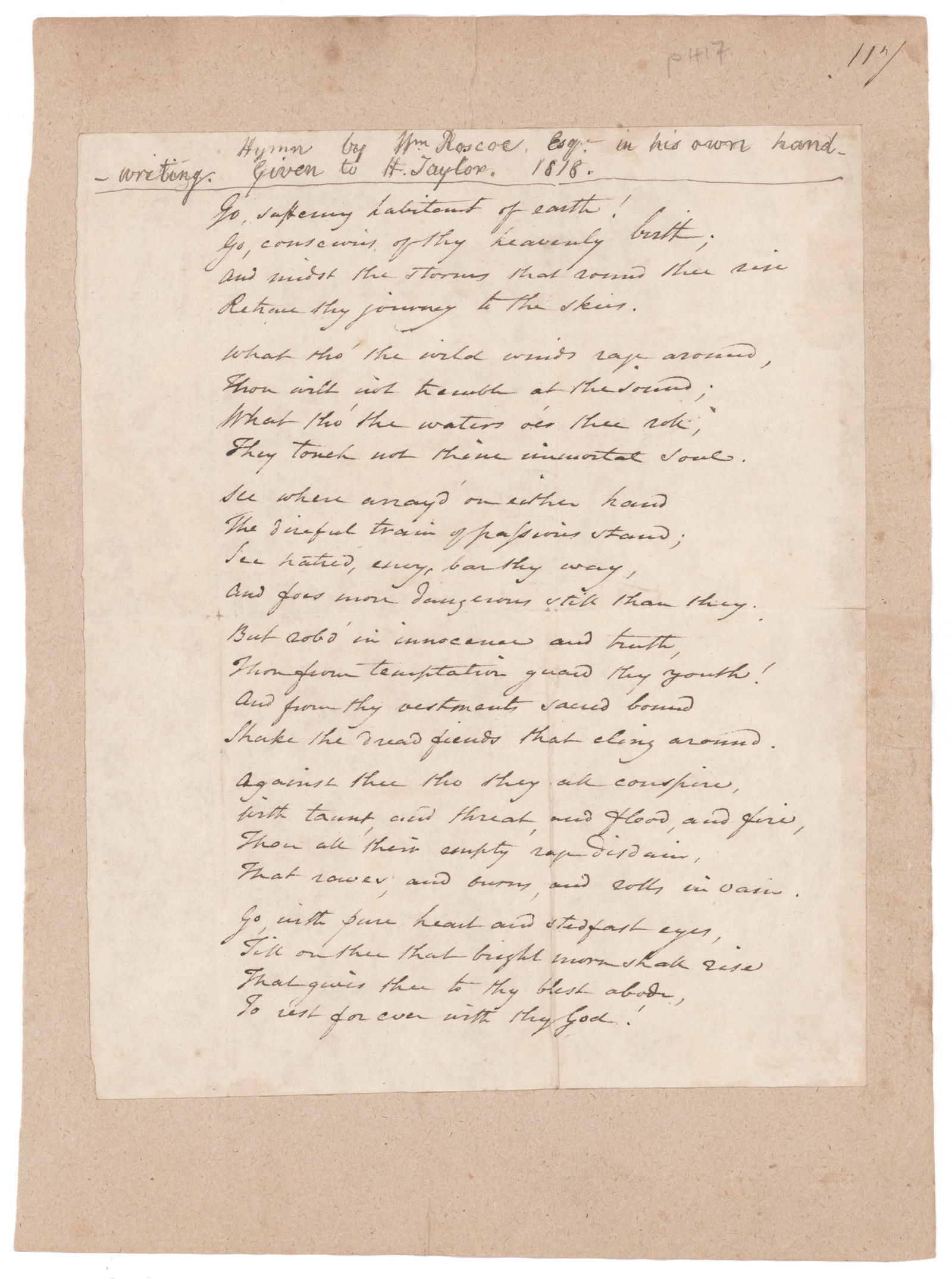 EARLY BRITISH ABOLITIONIST GROUP (4): (4) A group of four documents, A.Ms. of hymns and poems. Includes: an A.Ms.S. of WILLIAM ROSCOE (1753-1831), a British banker, author and one of the first abolitionists in that country, 1p. 4to.,