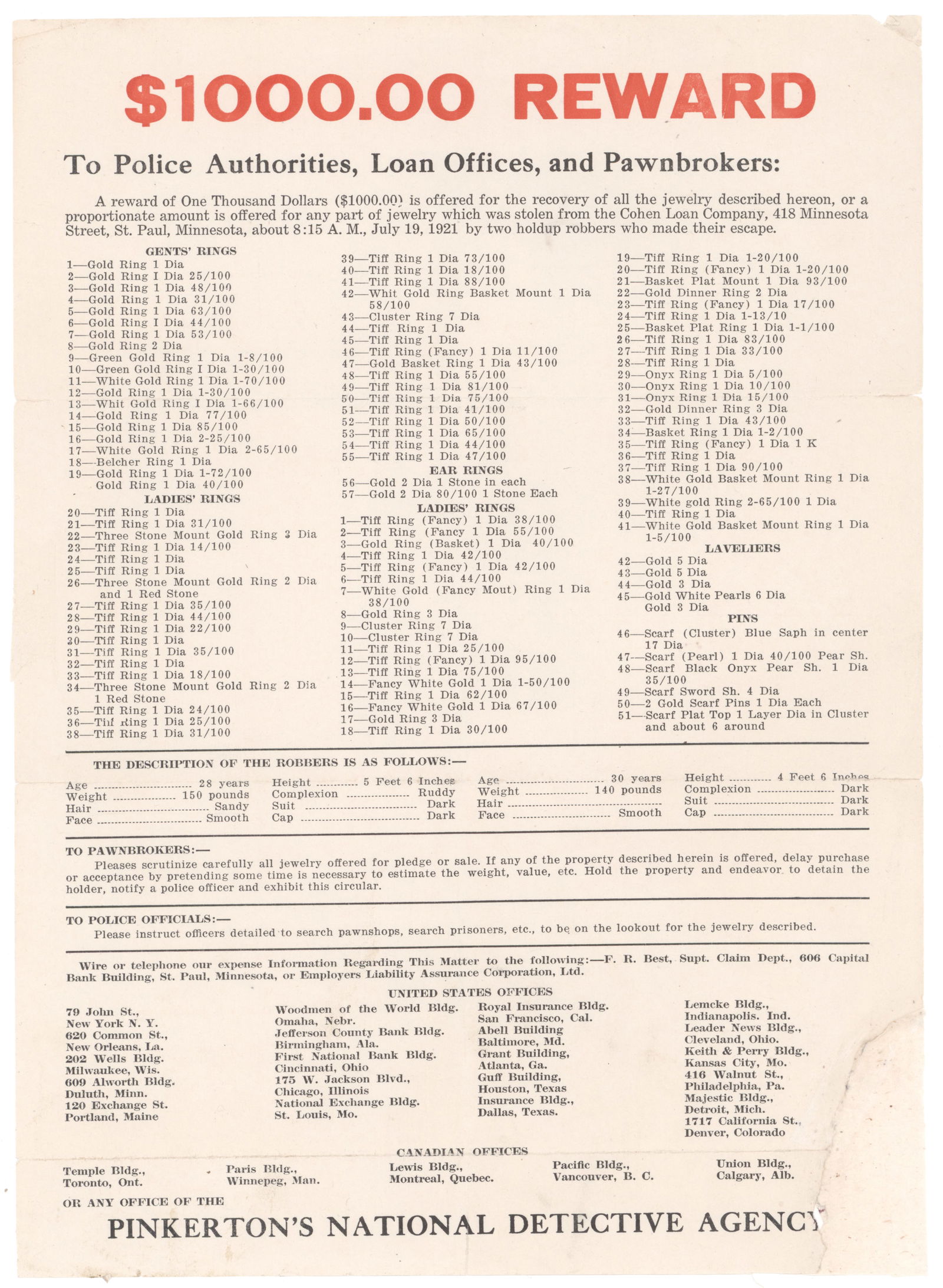 PINKERTON’S WANTED POSTER: An original broadside, 1p. 9 x 12.25 in., offering a reward of $1,000.00 to ‘Police Authorities, Loan Officers, and Pawnbrokers’ for the return of jewelry stolen from ‘…the