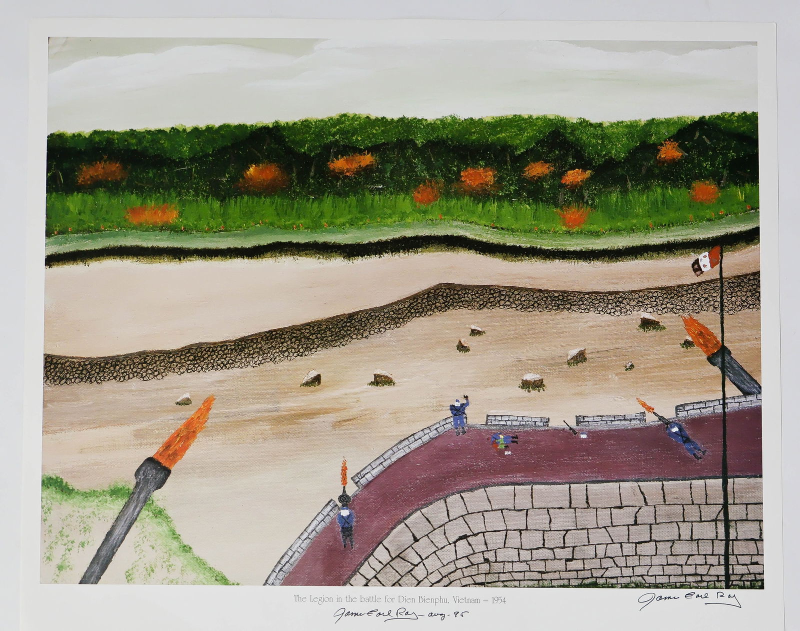 JAMES EARL RAY: (1928 - 1998) Assassin of Martin Luther King whom he killed in Memphis in 1968. Signed lithograph 'James Earl Ray', 19 x 15 1/2 in., a copy of his painting: 'The Legion in the battle for Dien Bienphu,