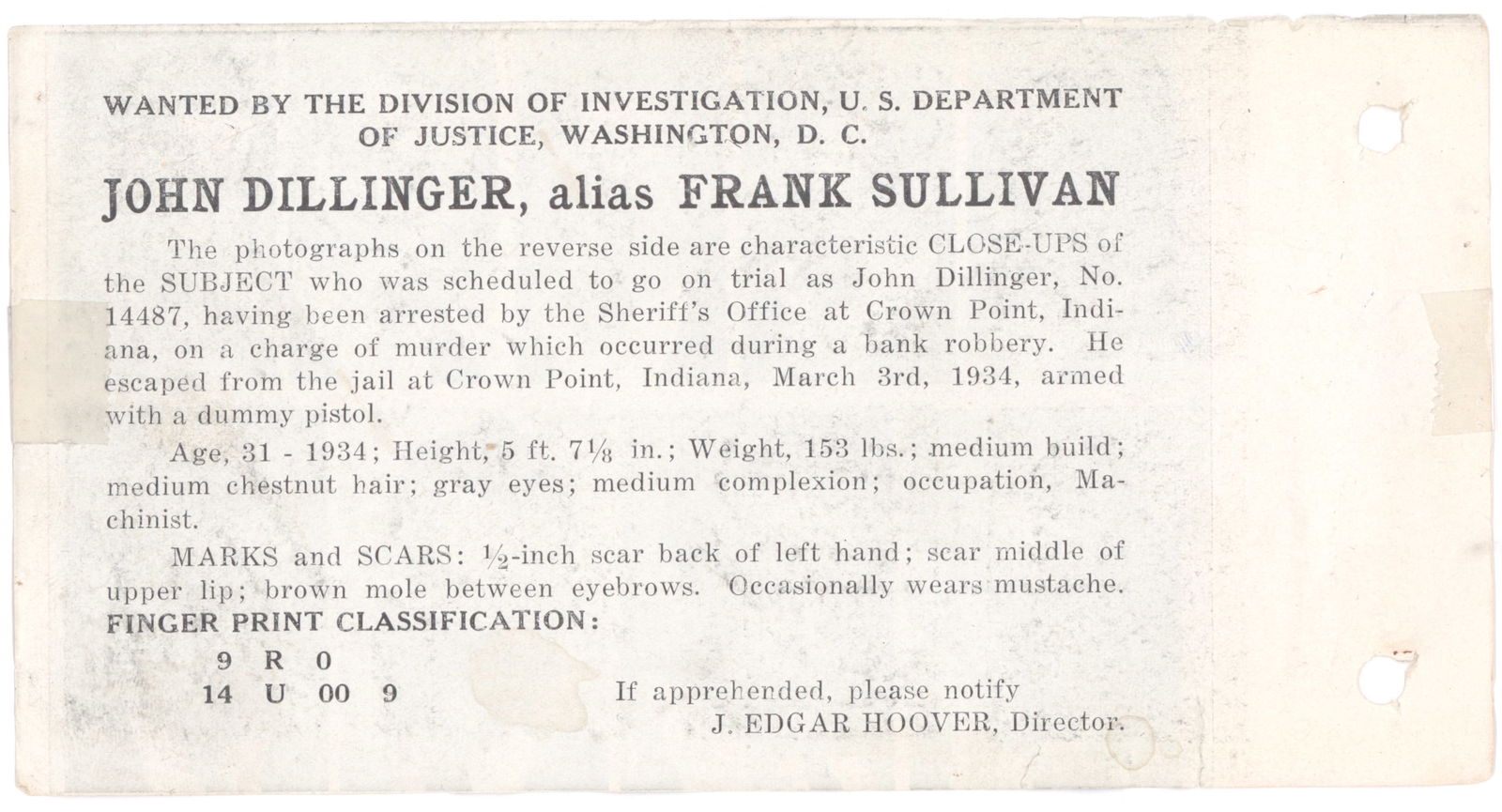 JOHN DILLINGER 'HIGGINS POCKET BOOK' CRIMINAL REFERENCE PAGE: JOHN DILLINGER (1903 - 1934) American bank robber and murderer, in 1933 and 1934 he and his gangs undertook a string of bank robberies in the Midwest, with narrow escapes from the law. His first robbe
