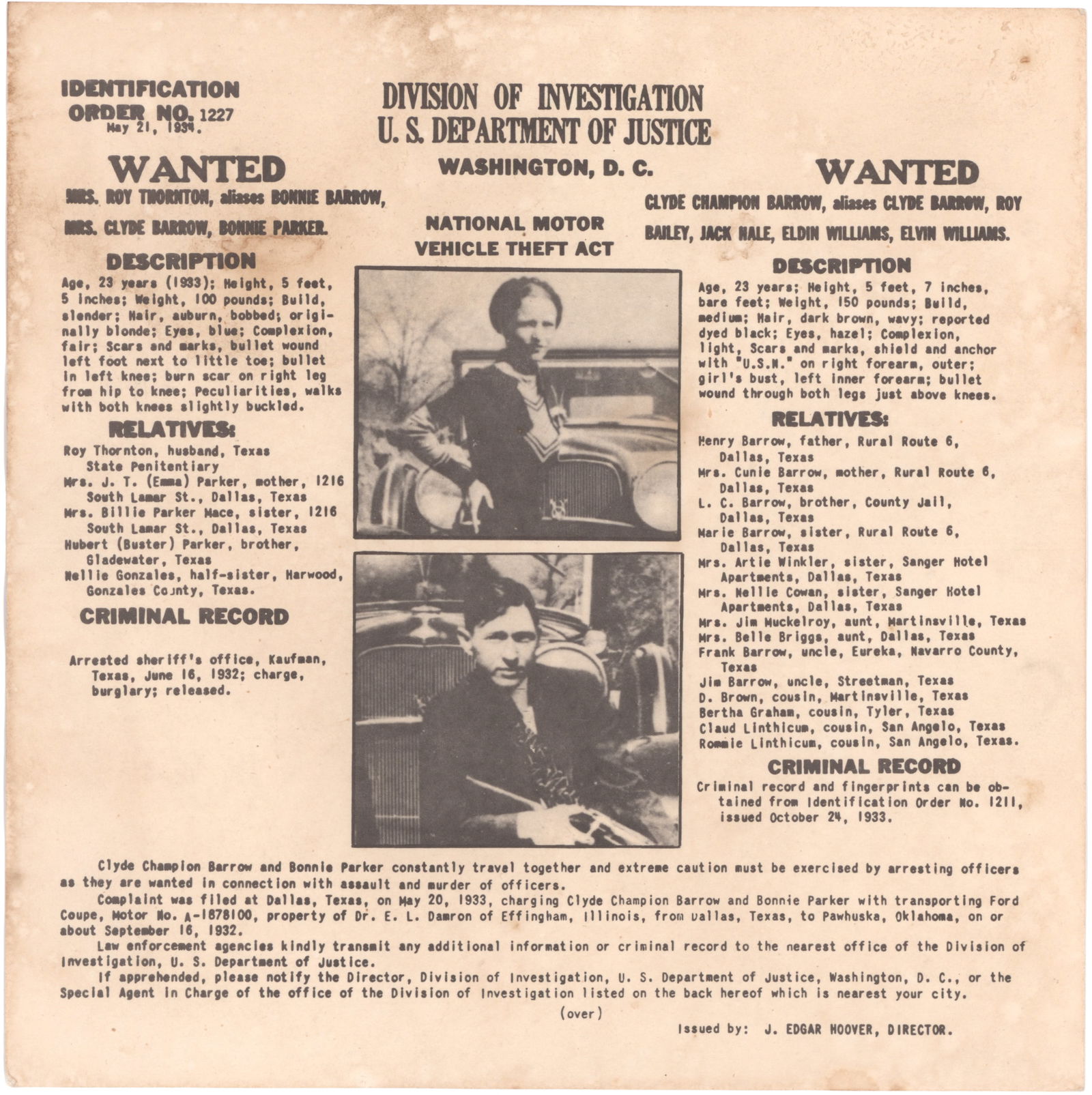 CLYDE BARROW AND BONNIE PARKER WANTED POSTER: A rare original Department of Justice (pre-FBI) ‘wanted’ poster for the notorious outlaw couple, 8 x 8 in., showing them in individual images they had taken of each other, setting forth