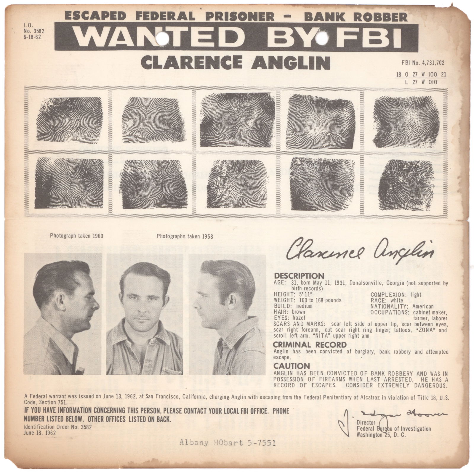 (ALCATRAZ) CLARENCE ANGLIN FBI WANTED POSTER: CLARENCE ANGLIN (1931-?) American bank robber and prisoner who, with his brother John Anglin and Frank Morris, successfully broke out of the ‘inescapable’ Alcatraz penitentiary on June
