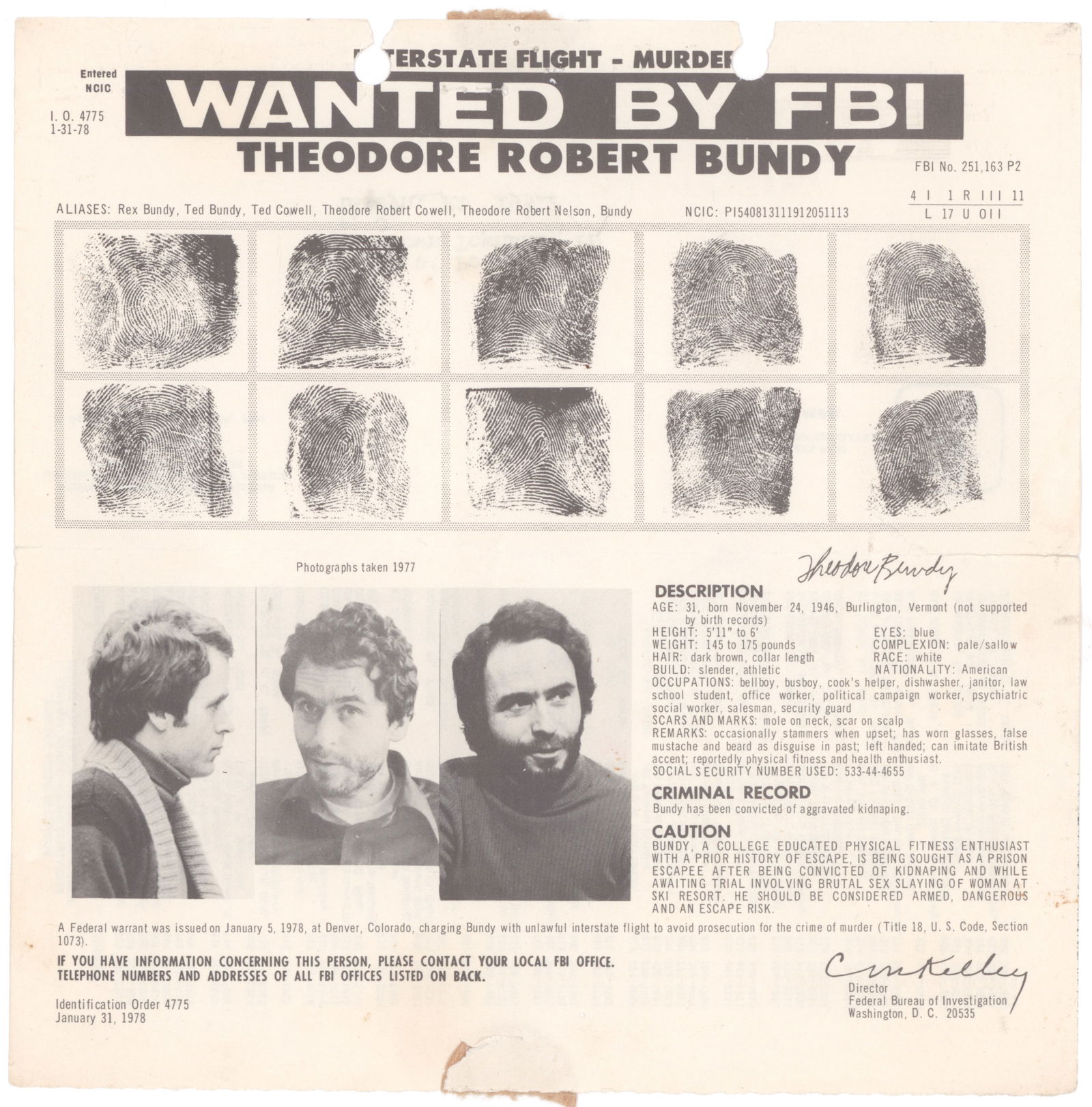 TED BUNDY FBI WANTED POSTER (1 of 2)