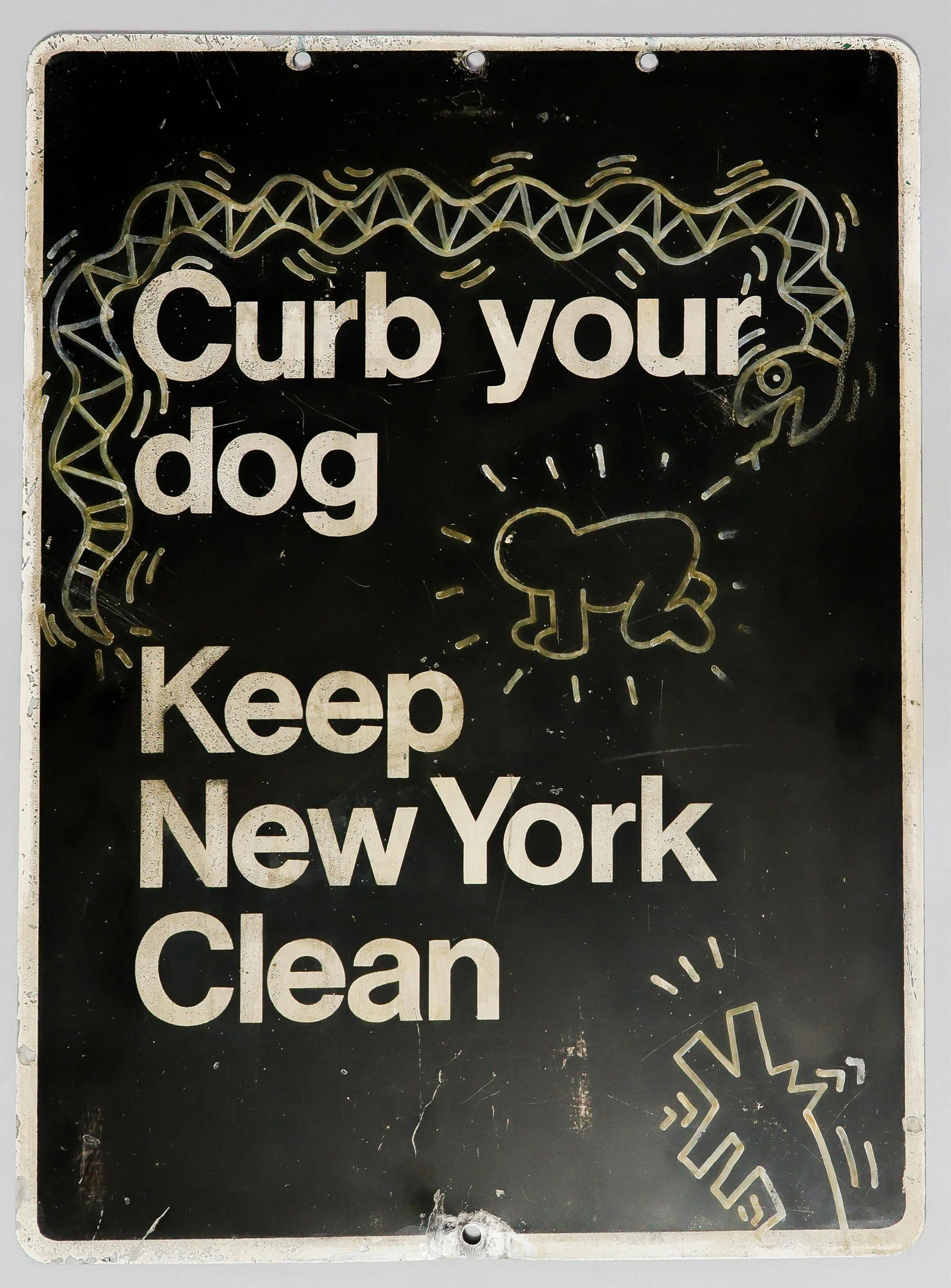 KEITH HARING 'RADIANT BABY', 'SNAKE', AND 'BARKING DOG' SUBWAY SIGN: Exceptionally rare and highly desirable early work by Keith Haring: an 18 x 24 in. black-painted, two-sided aluminum New York street sign. The sign features three of Haring’s most iconic motifs—th