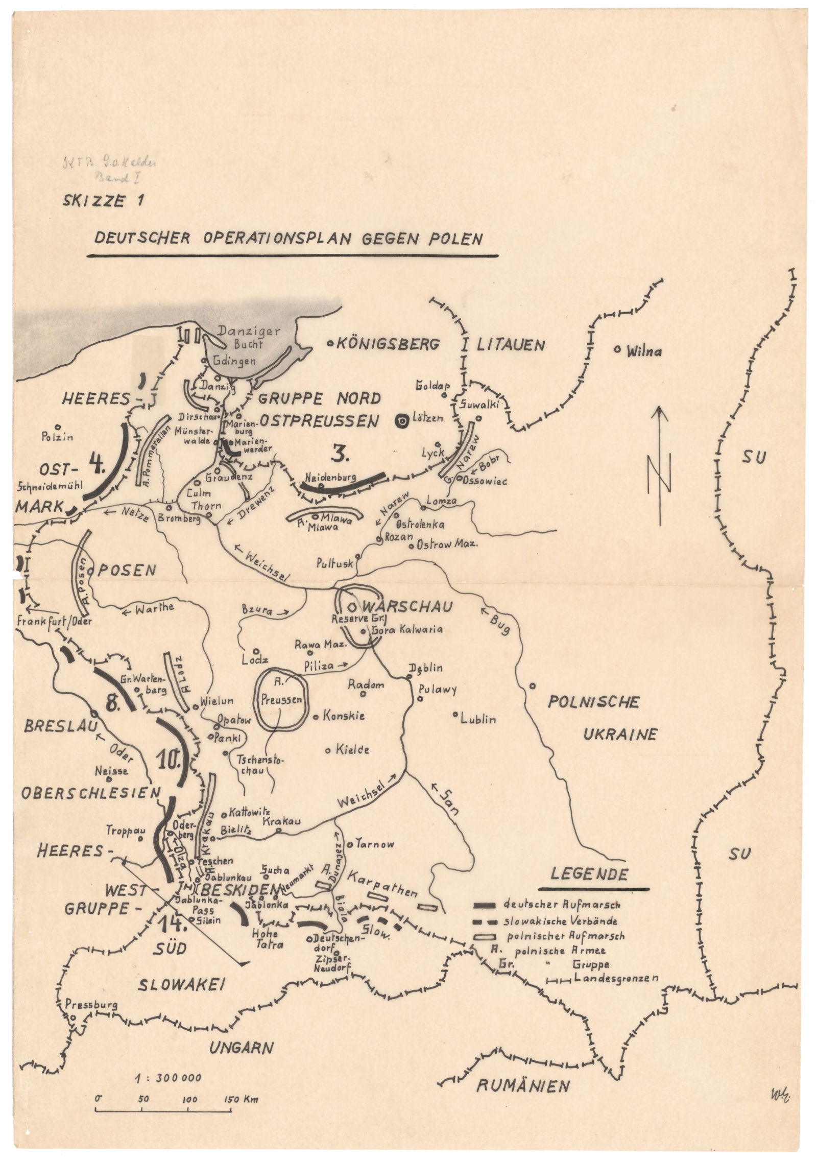 GEN. FRANZ HALDER’S MAP OF THE GERMAN OPERATIONAL PLAN FOR THE INVASION OF POLAND: An extraordinary hand-drawn map overlay, 10.75 x 15.5 in, originating from from the personal files of German General FRANZ HALDER (1884-1972), Chief of Staff of the German ‘Oberkommando des Heer