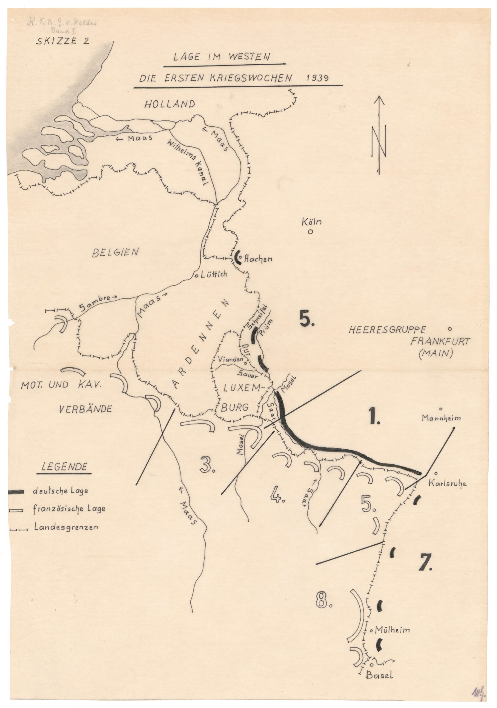 GEN. FRANZ HALDER’S MAP OF THE WESTERN FRONT IN SEPTEMBER, 1939: An important hand-drawn map overlay, 10.75 x 15.5 in, originating from from the personal files of German General FRANZ HALDER (1884-1972), Chief of Staff of the German ‘Oberkommando des Heeres&#