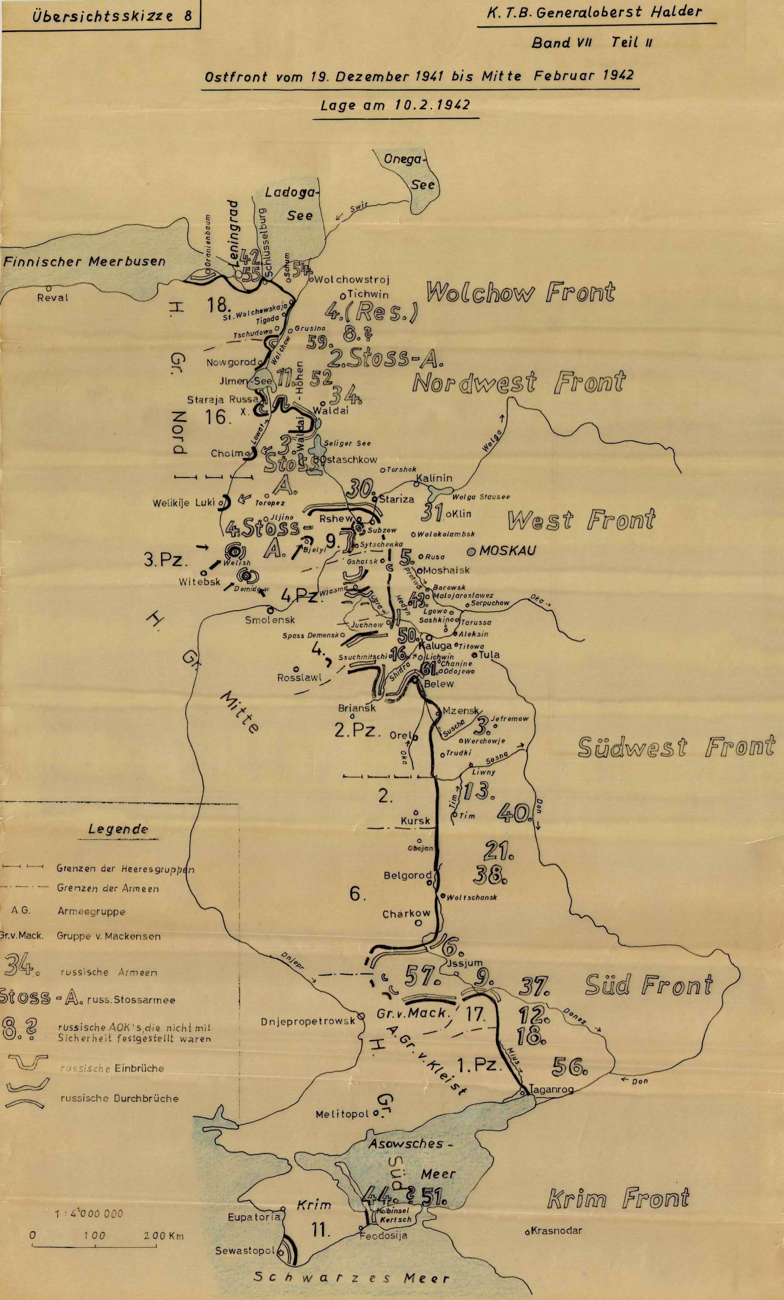 GEN. FRANZ HALDER'S MAP OF THE EASTERN FRONT, FEB. 10, 1942: Most important map from the personal files of German Gen. FRANZ HALDER (1884–1972), titled: 'Eastern Front from 19 December 1941 to mid-February 1942 – Situation as of 10 February 1942', d
