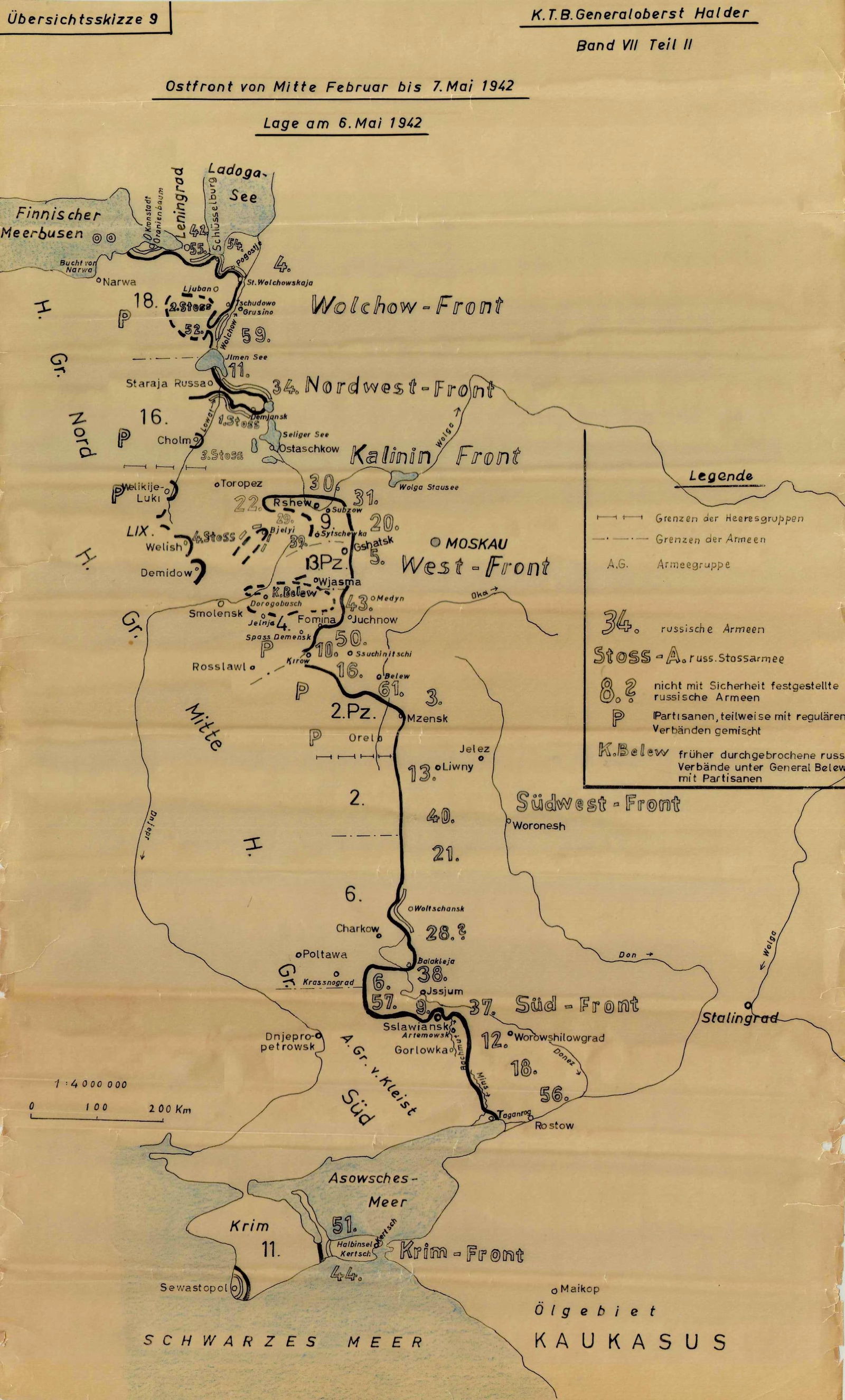 GEN. FRANZ HALDER'S MAP OF THE EASTERN FRONT, MAY 7, 1942: Highly important map from the personal files of German Gen. FRANZ HALDER (1884-1972), titled: 'Ubersichtsskizze 9-Ostfront von Mitte Februar bis 7. Mai 1942, Lage am 6. Mai 1942' ('Overview sketch 9-E