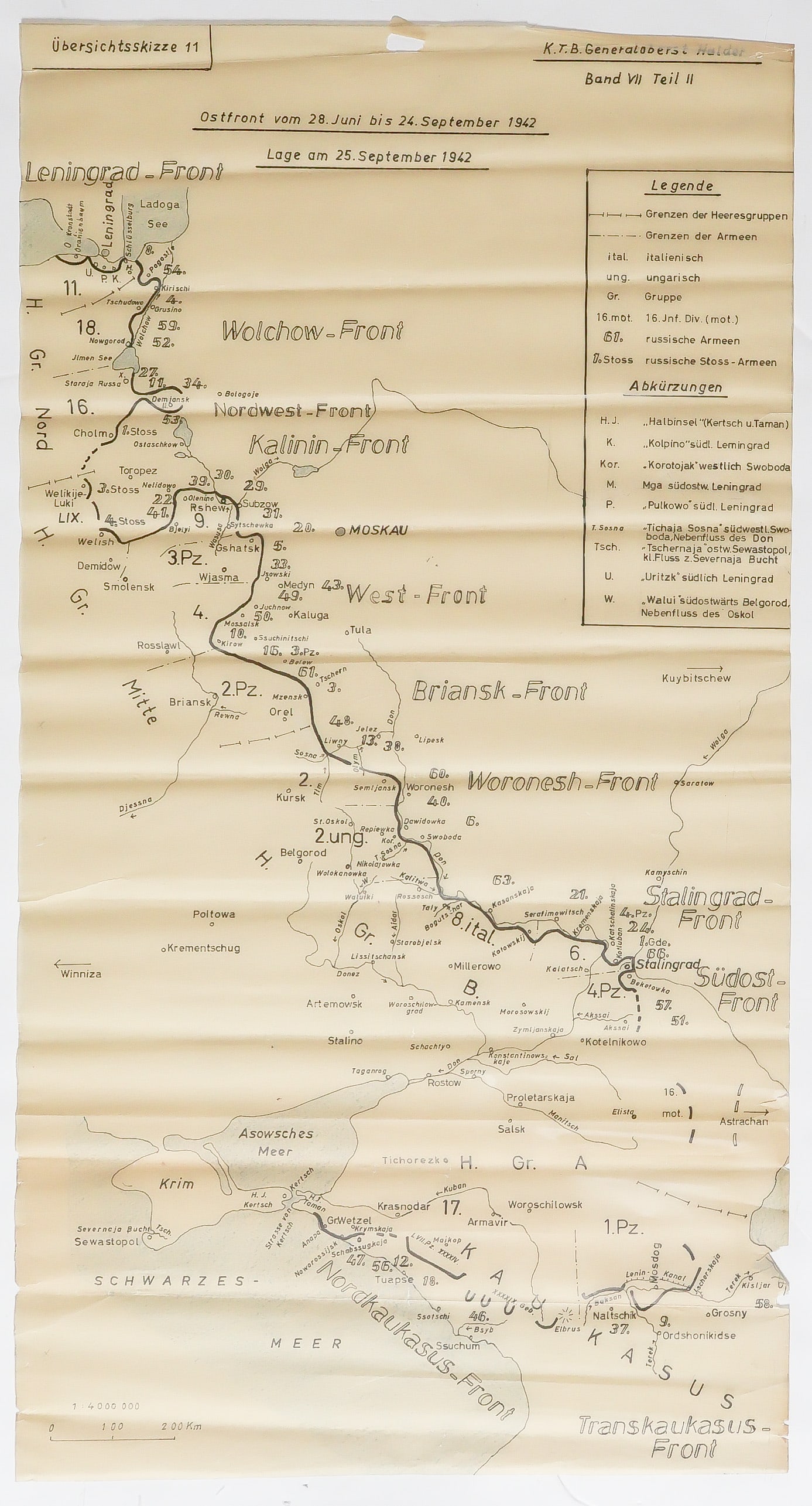 GEN. FRANZ HALDER'S MAP OF THE EASTERN FRONT, JUNE 27, 1942: Highly important map from the personal files of German Gen. FRANZ HALDER (1884–1972), titled: 'Ubersichtsskizze 11 - Ostfront vom 28. Juni bis 24. September 1942' ('Overview sketch 11 – Ea