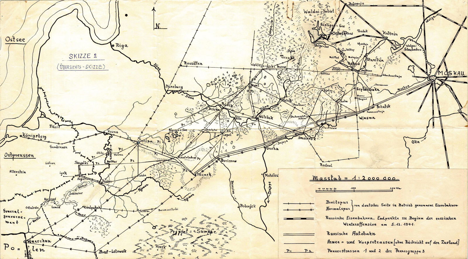 GEN. FRANZ HALDER'S MAP OF THE APPROACHES TO MOSCOW: Historically important hand-drawn map from the personal files of German Gen. FRANZ HALDER (1884–1972), titled: 'Skizze 2 Ubersichts-Skizze' (Sketch 2 Overview Sketch', 13.5 x 24 in. drawn on a scale