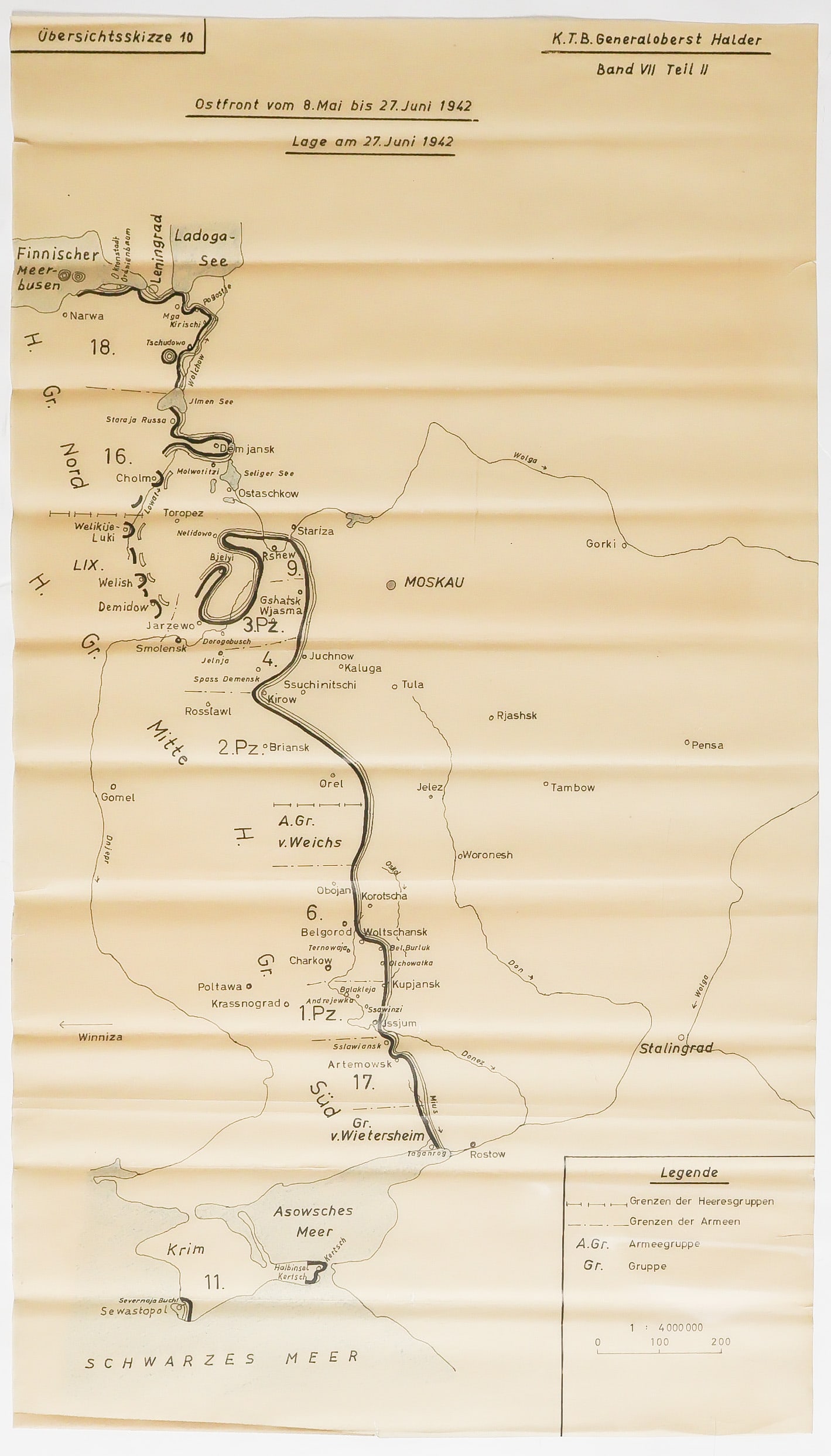 GEN. FRANZ HALDER'S MAP OF THE EASTERN FRONT, JUNE 27, 1942: Most important map from the personal files of German Gen. FRANZ HALDER (1884–1972), titled: 'Ubersichtsskizze 10 - Ostfront vom 8. Mai bis 27. Juni 1942 / Lage am 27. Juni 1942' ('Overview sketc