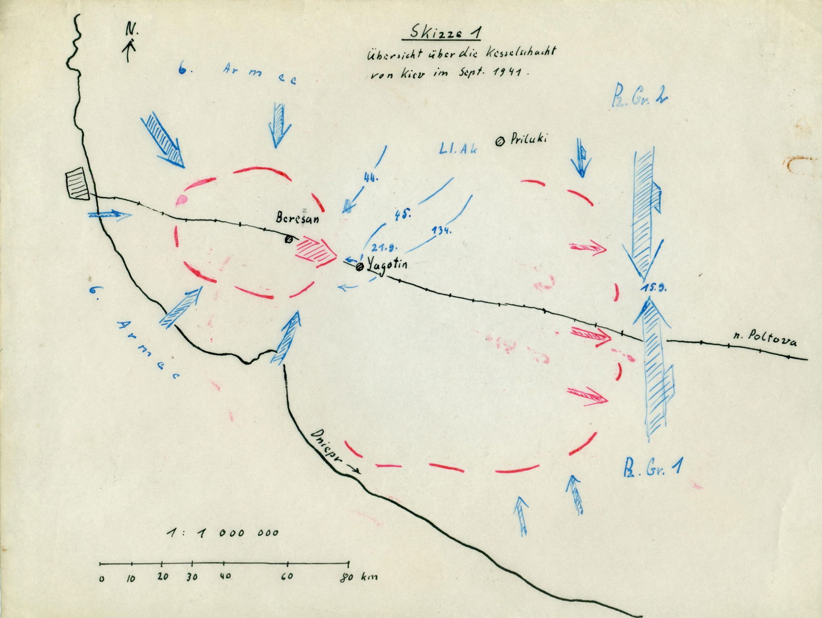 GEN. FRANZ HALDER'S MAP OF THE ENCIRCLEMENT OF KIEV: A most important hand-drawn situation map from the personal files of German Gen. FRANZ HALDER (1884–1972) documenting the encirclement of hundreds of thousands of Red Army soldiers east of Kiev