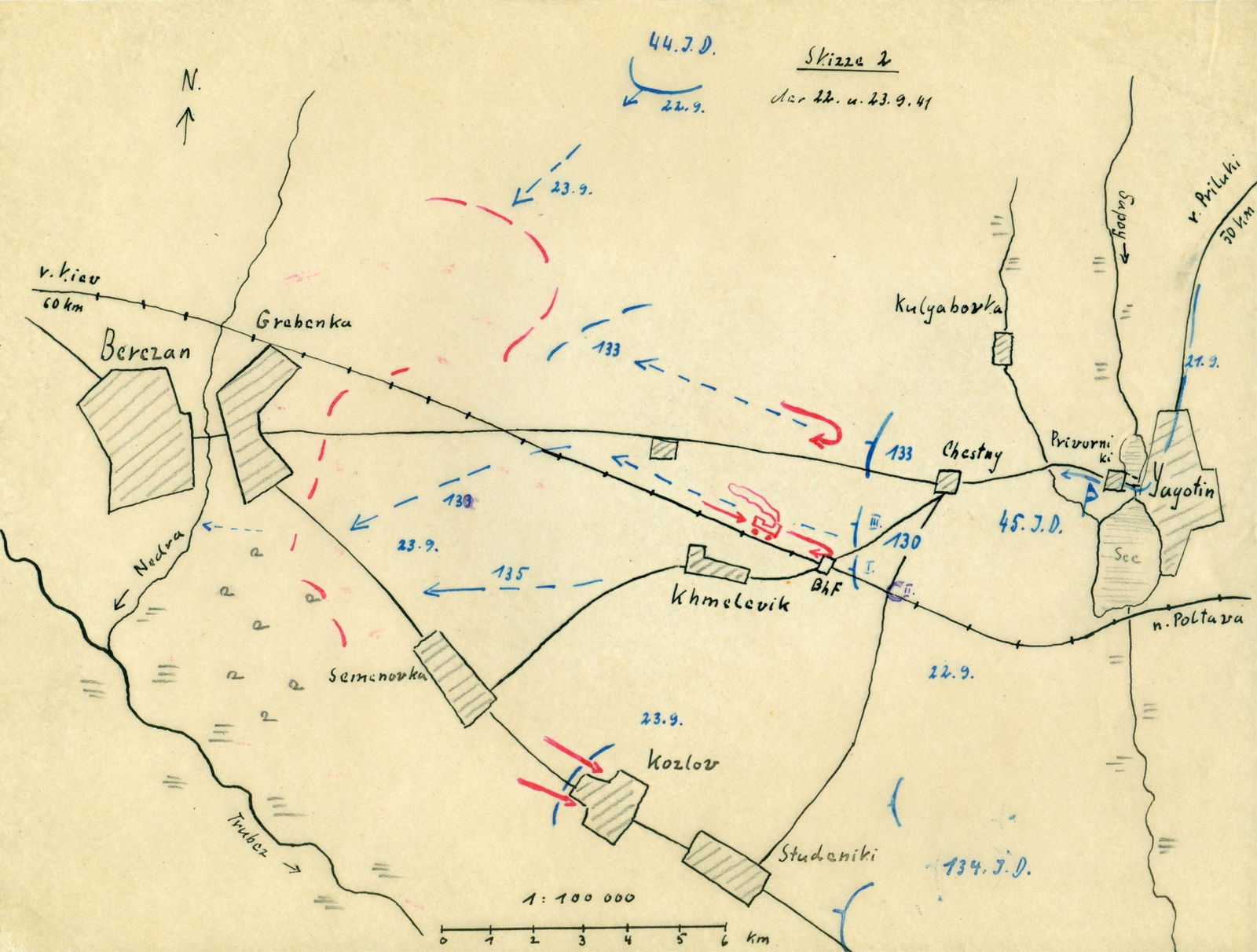 GEN. FRANZ HALDER'S MAP OF THE EAST SIDE OF THE KIEV ENCIRCLEMENT, I: Important hand-drawn situation map from the personal files of German Gen. FRANZ HALDER (1884–1972) depicting combat activity east of Kiev during the disastrous encirclement of Russian forces nea