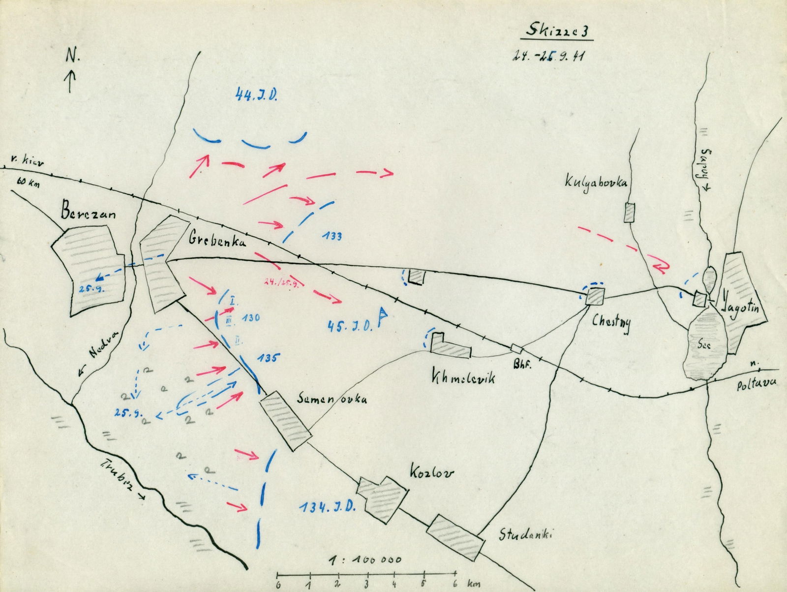 GEN. FRANZ HALDER'S MAP OF THE EAST SIDE OF THE KIEV ENCIRCLEMENT, II: Important hand-drawn situation map from the personal files of German Gen. FRANZ HALDER (1884–1972) depicting combat activity east of Kiev during the disastrous encirclement of Russian forces nea