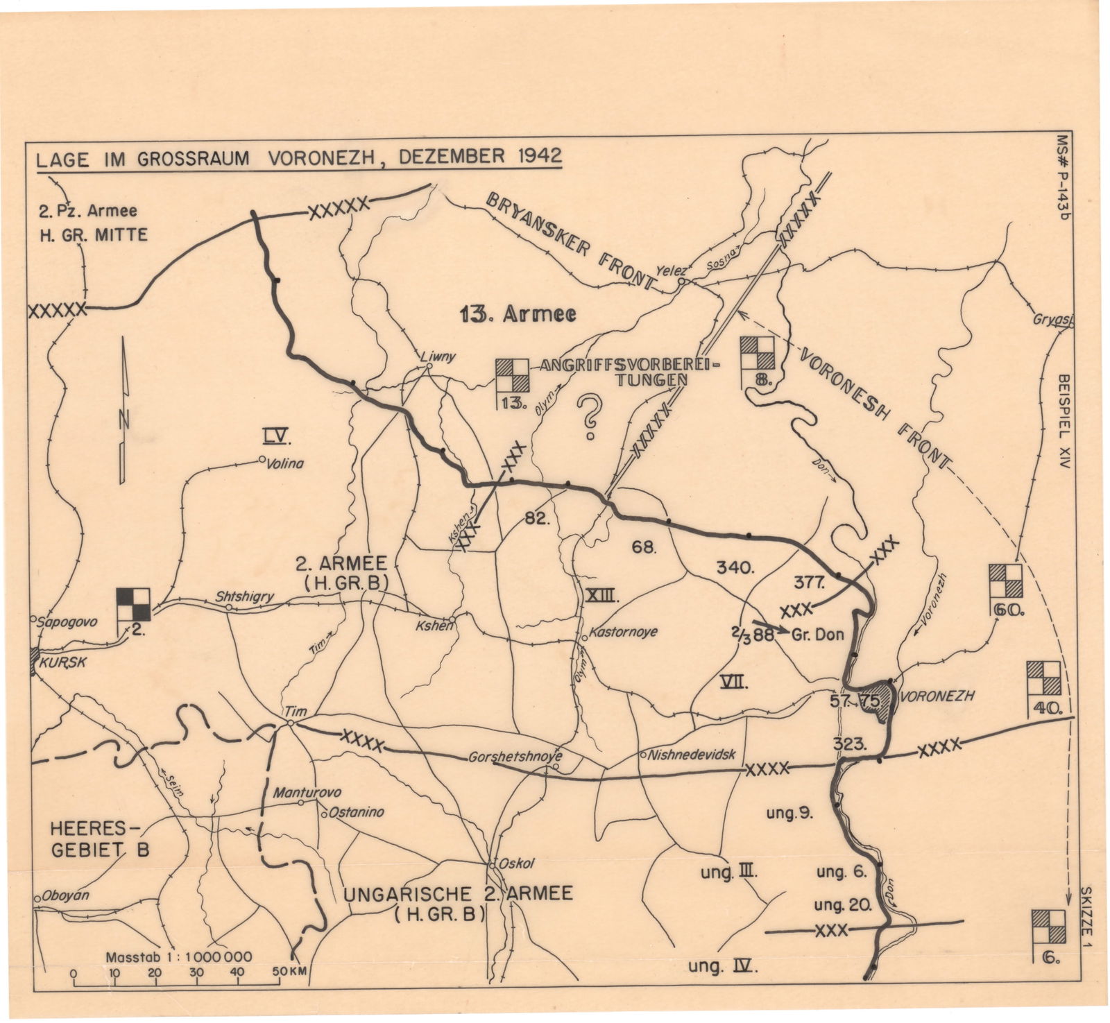 GEN. FRANZ HALDER'S MAP OF VORONEZH, DECEMBER, 1942: Important printed map from the personal files of German Gen. FRANZ HALDER (1884–1972) titled: 'Lage im Grossraum Voronezh, Dezember 1942' ('Situation in the greater Voronezh area, December 1942'