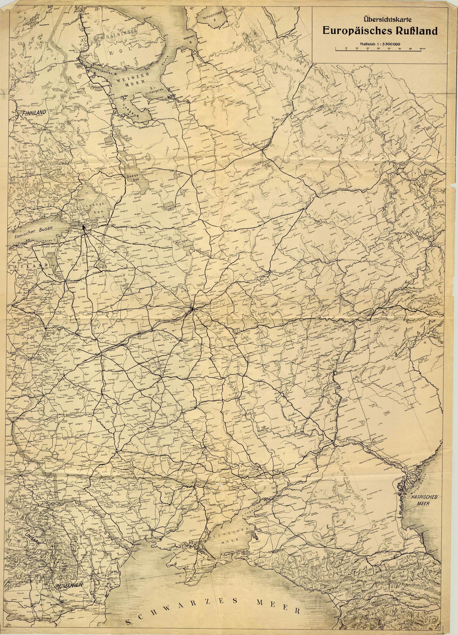 GEN. FRANZ HALDER'S OVERSIZED MAP OF EUROPEAN RUSSIA: Printed map from the personal files of German Gen. FRANZ HALDER (1884–1972) titled: 'Ubersichtskarte Europaisches Russland' ('Overview Map of European Russia'), 34 x 25.5 in. (1: 3,300,000 scale