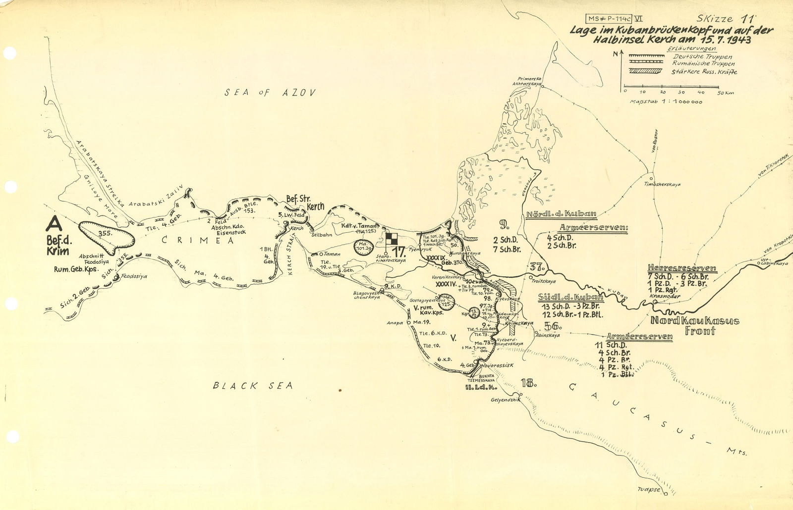 GEN. FRANZ HALDER'S MAP OF THE KUBAN BRIDGEHEAD, JULY 1943: Important Russian campaign map from the personal files of German Gen. FRANZ HALDER (1884–1972), issued by the German Army High Command and depicting the military situation at the Kuban Bridgehea