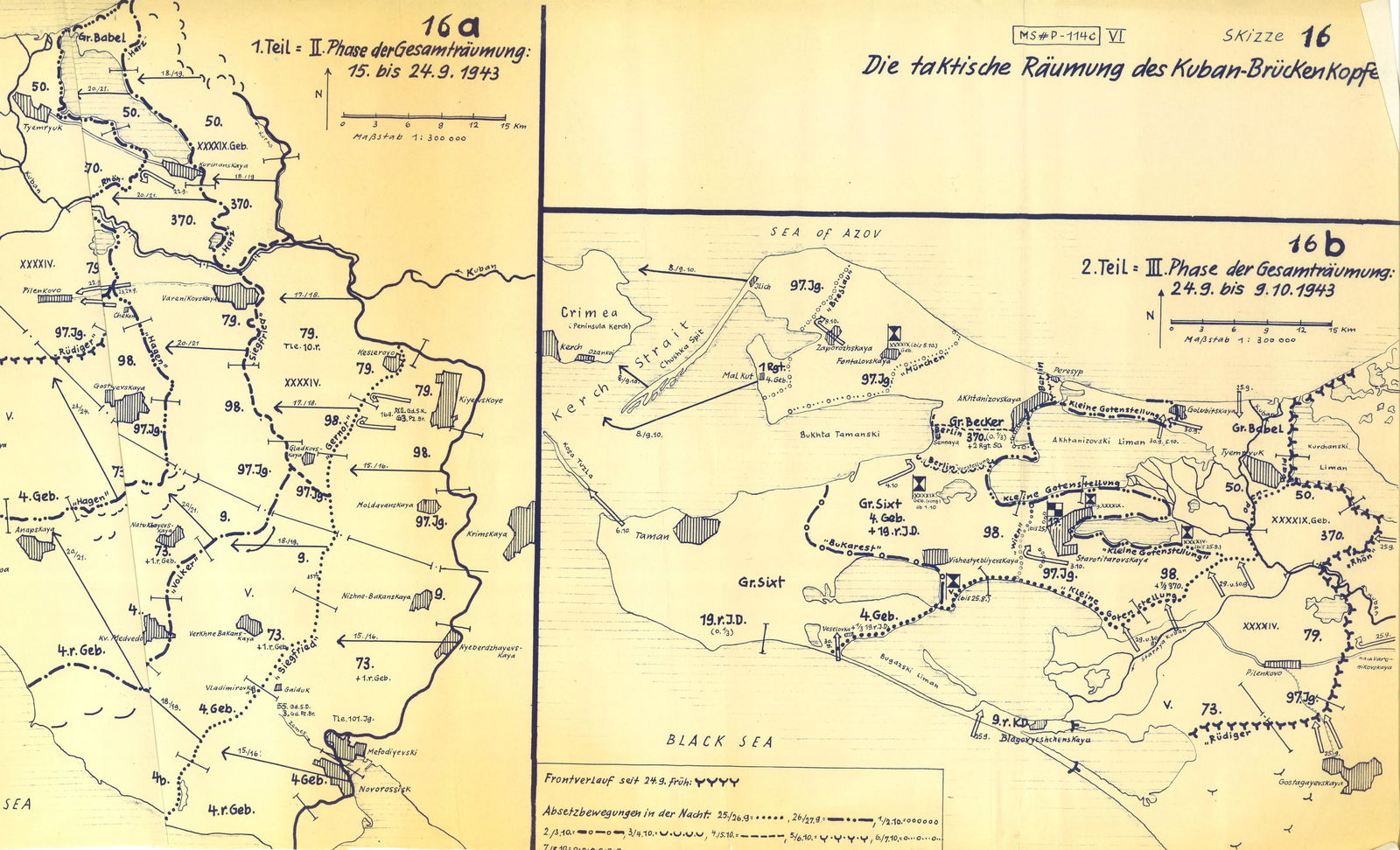 GEN. FRANZ HALDER'S MAP OF THE WITHDRAWAL FROM THE KUBAN BRIDGEHEAD: Important Russian campaign map from the personal files of German Gen. FRANZ HALDER (1884–1972), titled: 'Die taktische Raumung des Kuban-Bruckenkopfe' ('The tactical Evacuation of the Kuban Brid