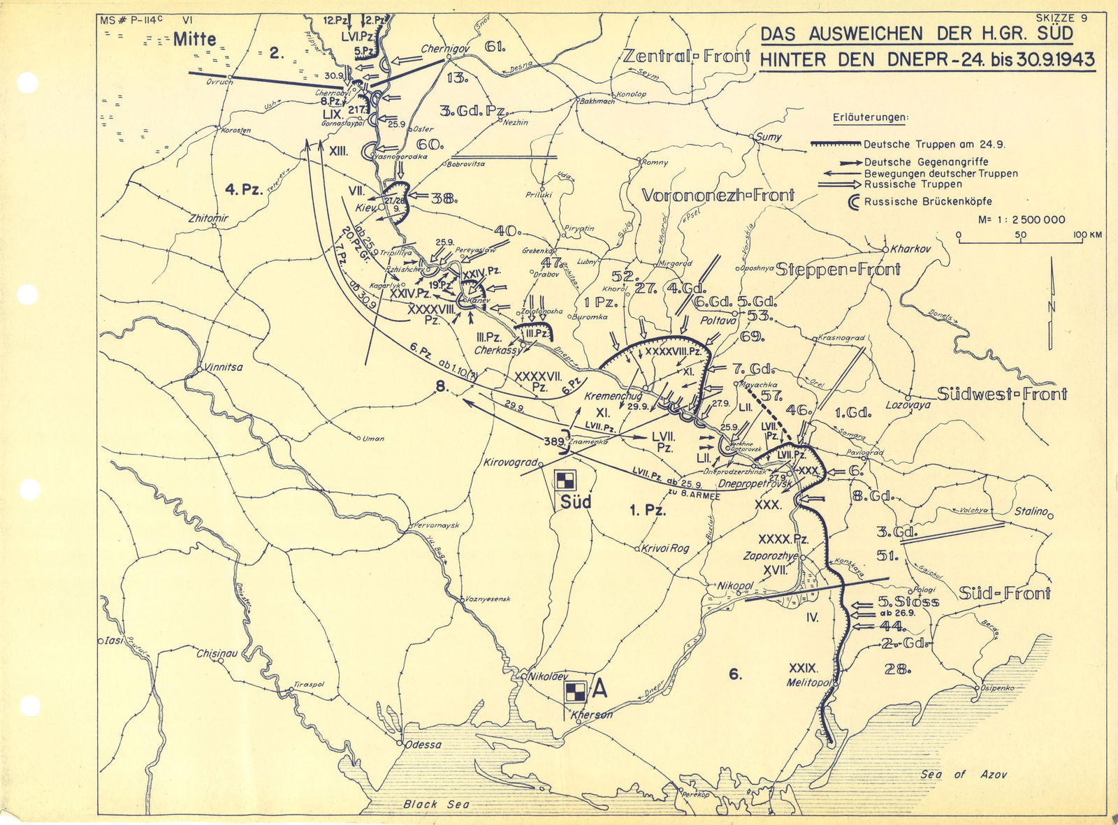 GEN. FRANZ HALDER'S MAP OF THE GERMAN RETREAT OVER THE DNIEPER, 1943 (1 of 1)