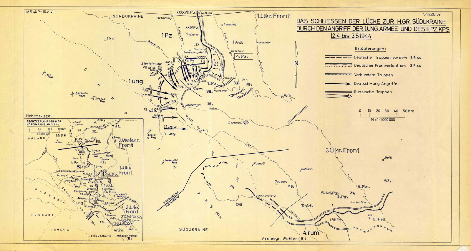 GEN. FRANZ HALDER'S MAP OF THE GERMAN-HUNGARIAN 1944 UKRAINE COUNTEROFFENSIVE: Important Russian campaign map from the personal files of German Gen. FRANZ HALDER (1884–1972), a blueprint-process map 12 x 21 in. drafted on a 1:1,000,000 scale, undated but clearly of wartime