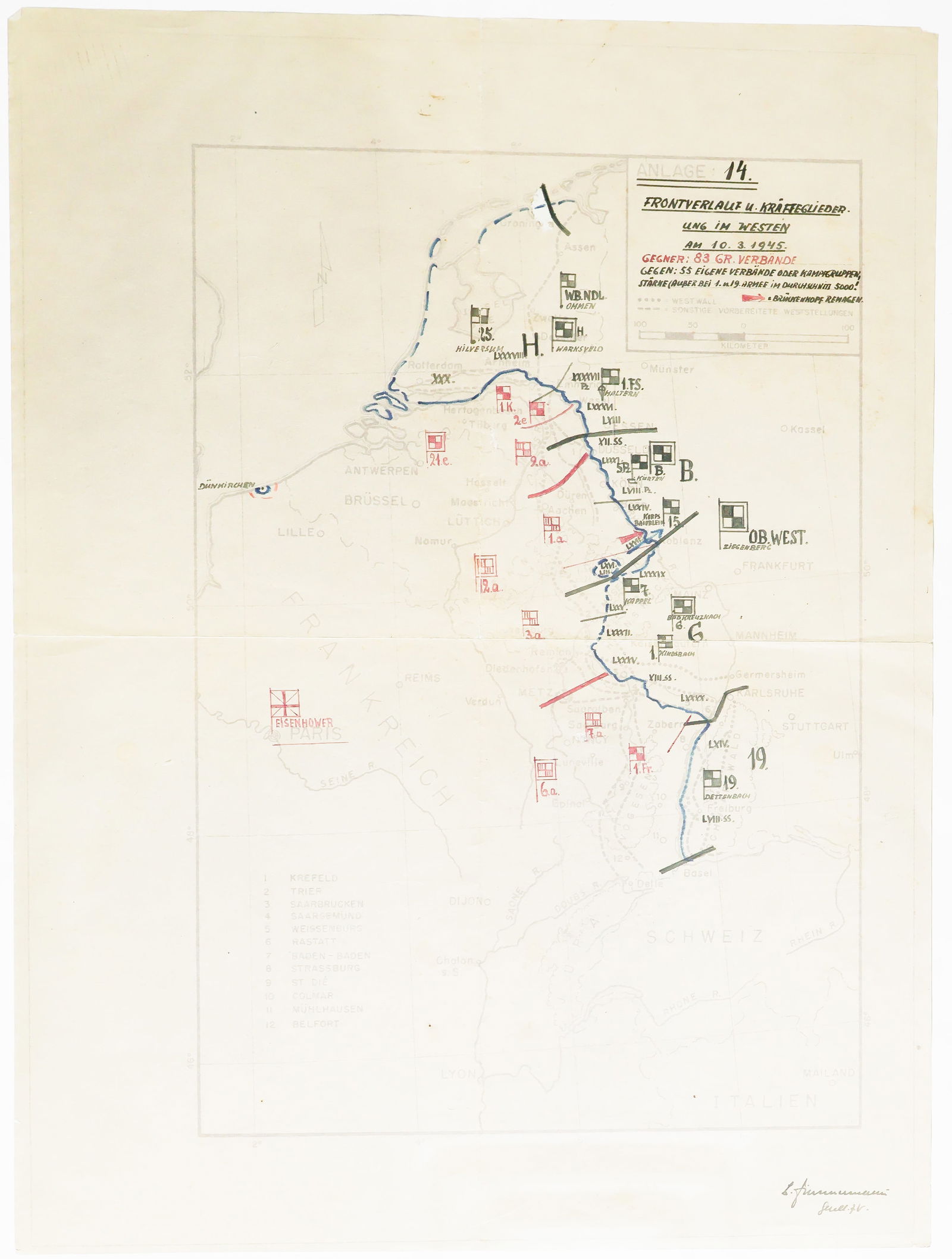 GEN. FRANZ HALDER'S MAP OF THE EASTERN FRONT, JUNE 27, 1942: Important strategic map from the personal files of German Gen. FRANZ HALDER (1884–1972), titled: 'Frontverlauf u. Krafteglied ung im Westen am 10.3.1945' ('Front line and force structure in the