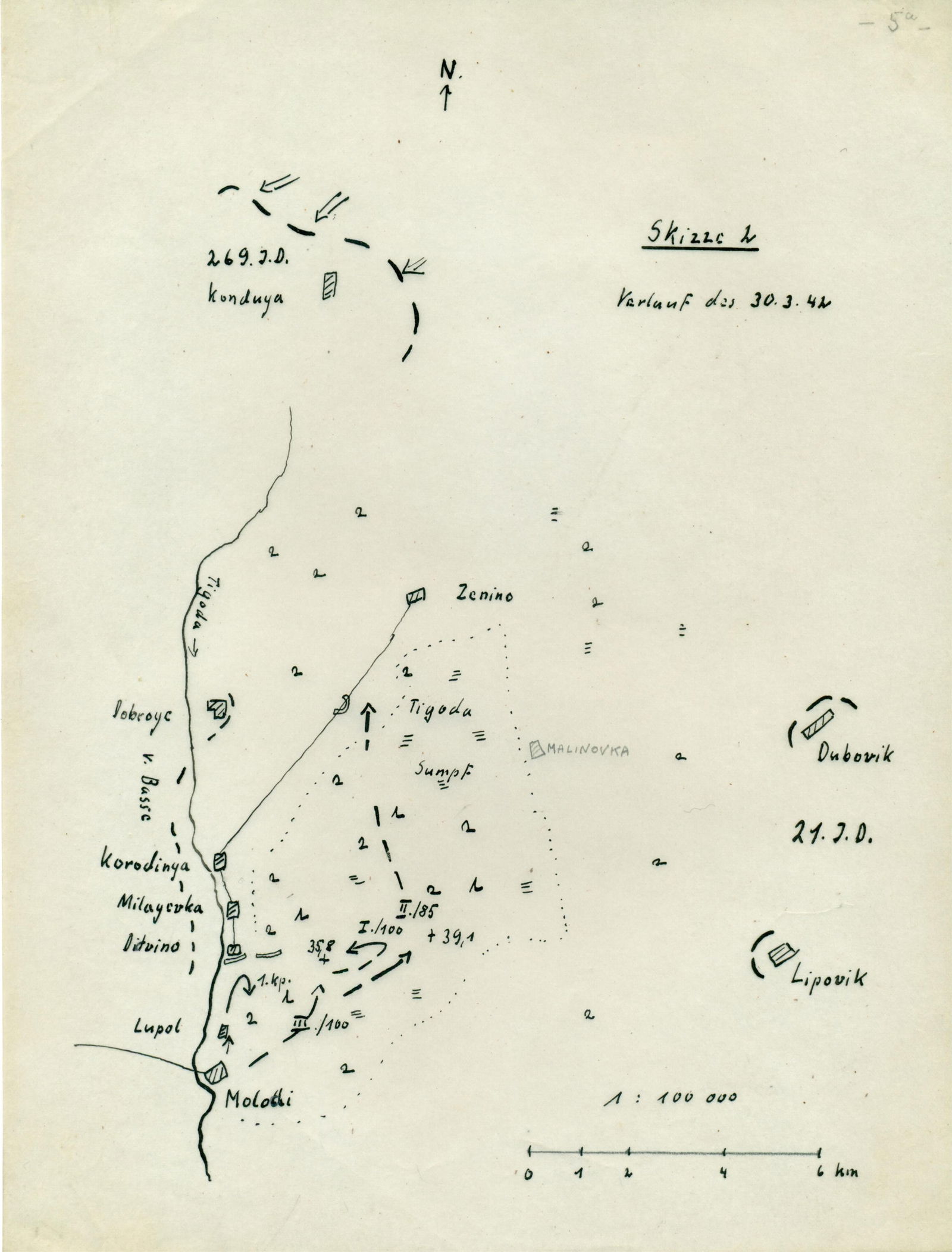 GEN. FRANZ HALDER'S BATTLE MAP OF THE LENINGRAD-NOVGOROD OFFENSIVE: Original hand-drawn situation map from the personal files of German Gen. FRANZ HALDER (1884–1972) documenting the Leningrad-Novgorod offensive, specifically events on March 30, 1942. The map was