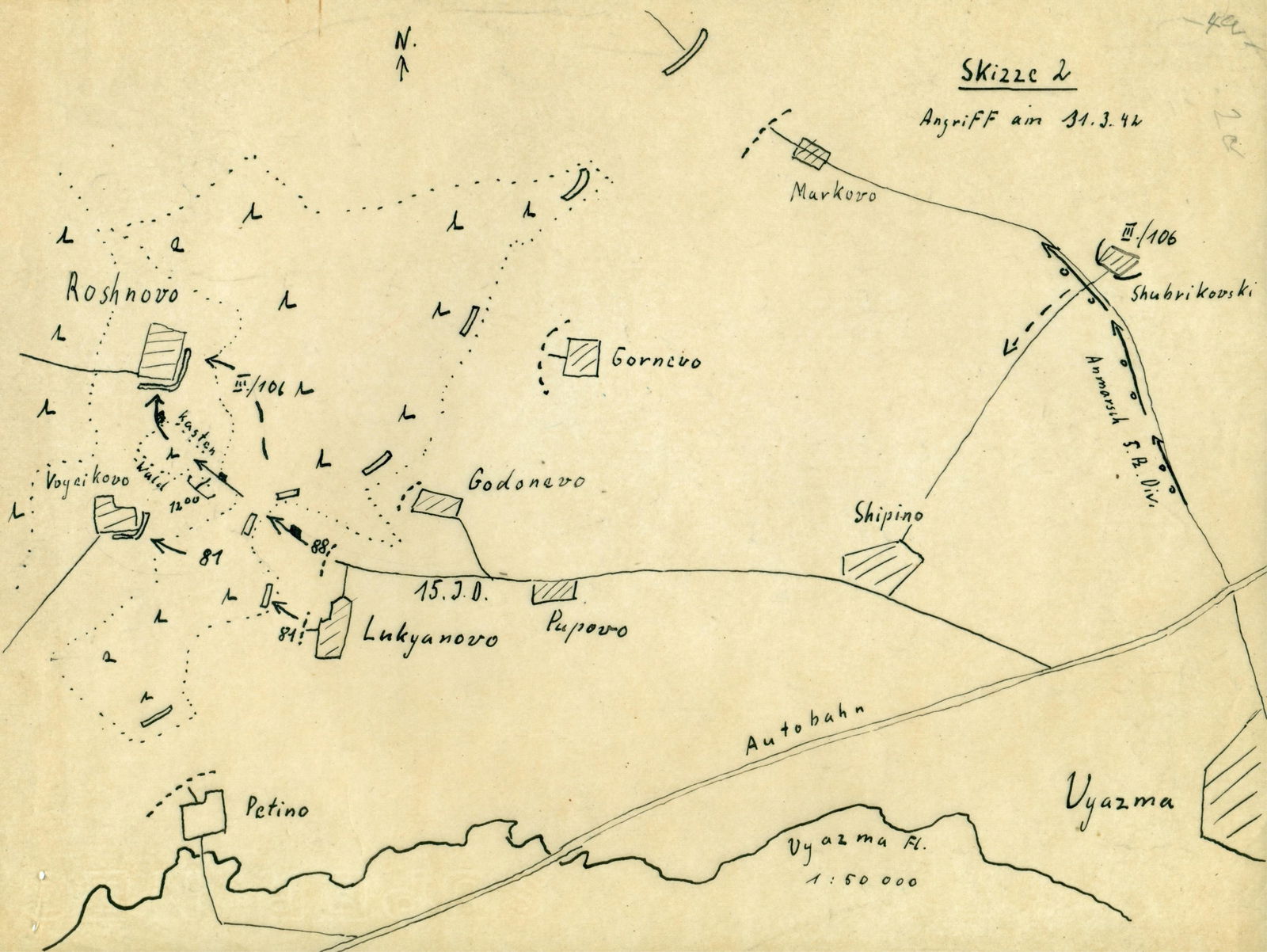 GEN. FRANZ HALDER'S BATTLE MAP OF THE BATTLES FOR RZHEV: Original hand-drawn situation map from the personal files of German Gen. FRANZ HALDER (1884–1972) documenting the Leningrad-Novgorod offensive, specifically events on March 31, 1942 and the batt