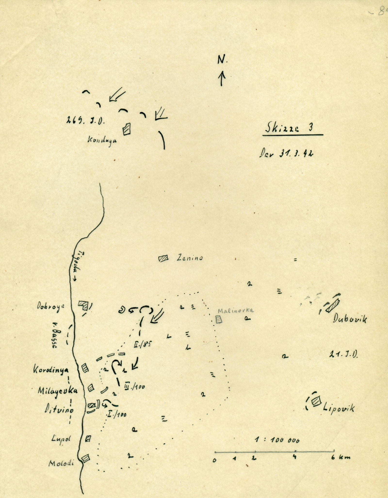 GEN. FRANZ HALDER'S MAP OF THE AFTERMATH OF THE LENINGRAD-NOVGOROD OFFENSIVE: Original hand-drawn situation map from the personal files of German Gen. FRANZ HALDER (1884–1972) documenting the aftermath of the Leningrad-Novgorod offensive as of March 31, 1942. The map was