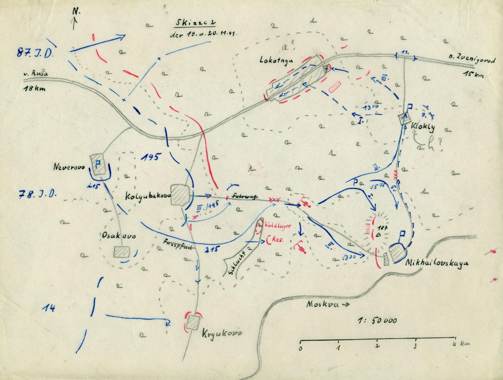 GEN. FRANZ HALDER'S MAP OF THE ADVANCE TO THE OUTSKIRTS OF MOSCOW: An important hand-drawn situation map from the personal files of German Gen. FRANZ HALDER (1884–1972) documenting the second day of Operation Typhoon, the German drive on Moscow commencing Oct.