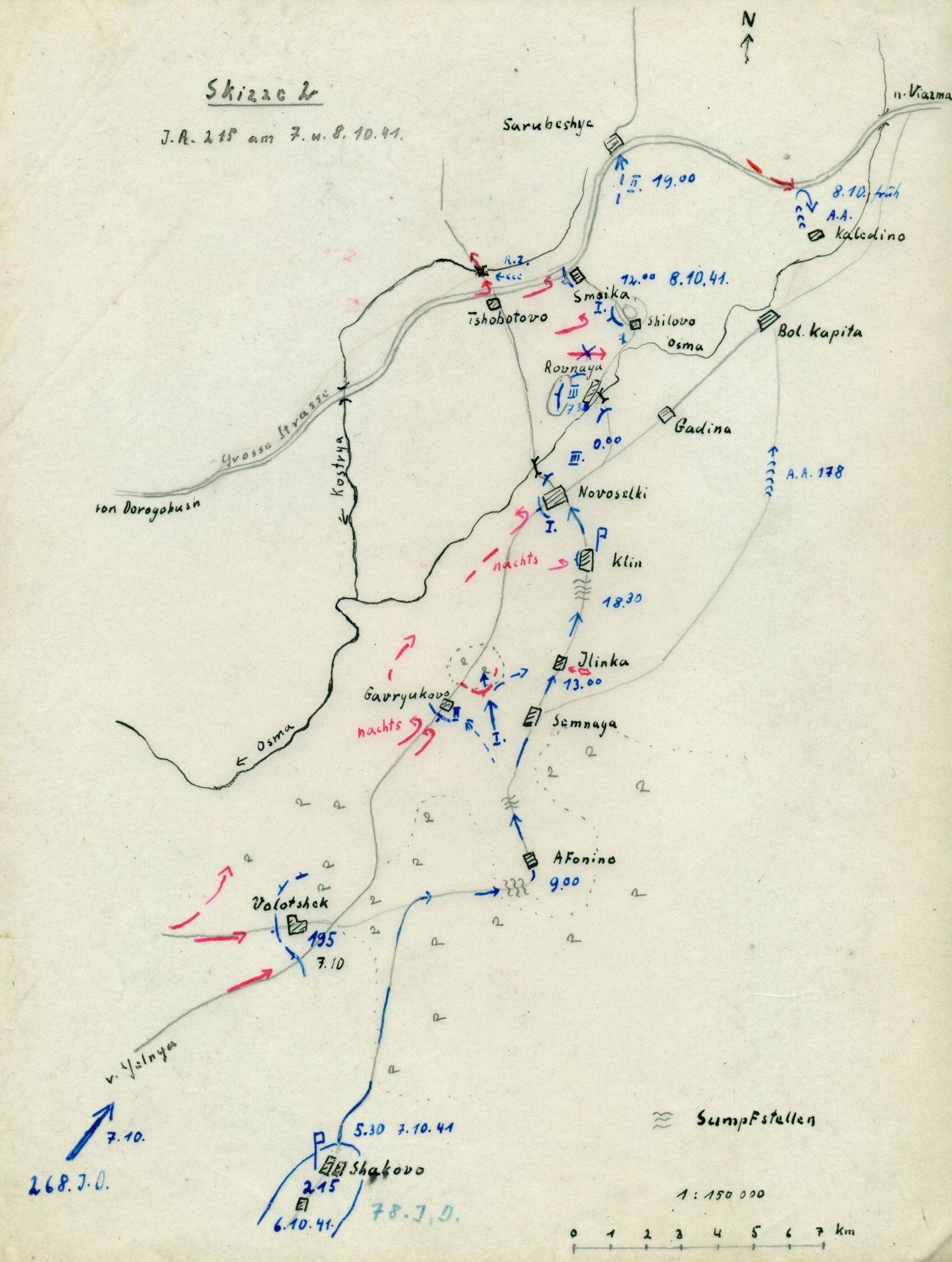 GEN. FRANZ HALDER'S MAP OF THE START OF THE VYAZMA ENCIRCLEMENT: An important hand-drawn situation map from the personal files of German Gen. FRANZ HALDER (1884–1972) documenting the early October, 1941 effort by German Infantry Reg. 215 German to entrap a la