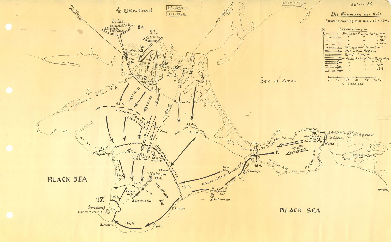 GEN. FRANZ HALDER'S MAP OF THE EVACUATION OF CRIMEA: Important Russian campaign map from the personal files of German Gen. FRANZ HALDER (1884–1972), a printed map 10.5 x 16.5 in. drafted on a 1:1,000,000 scale, undated. The map is titled: 'Die Rau
