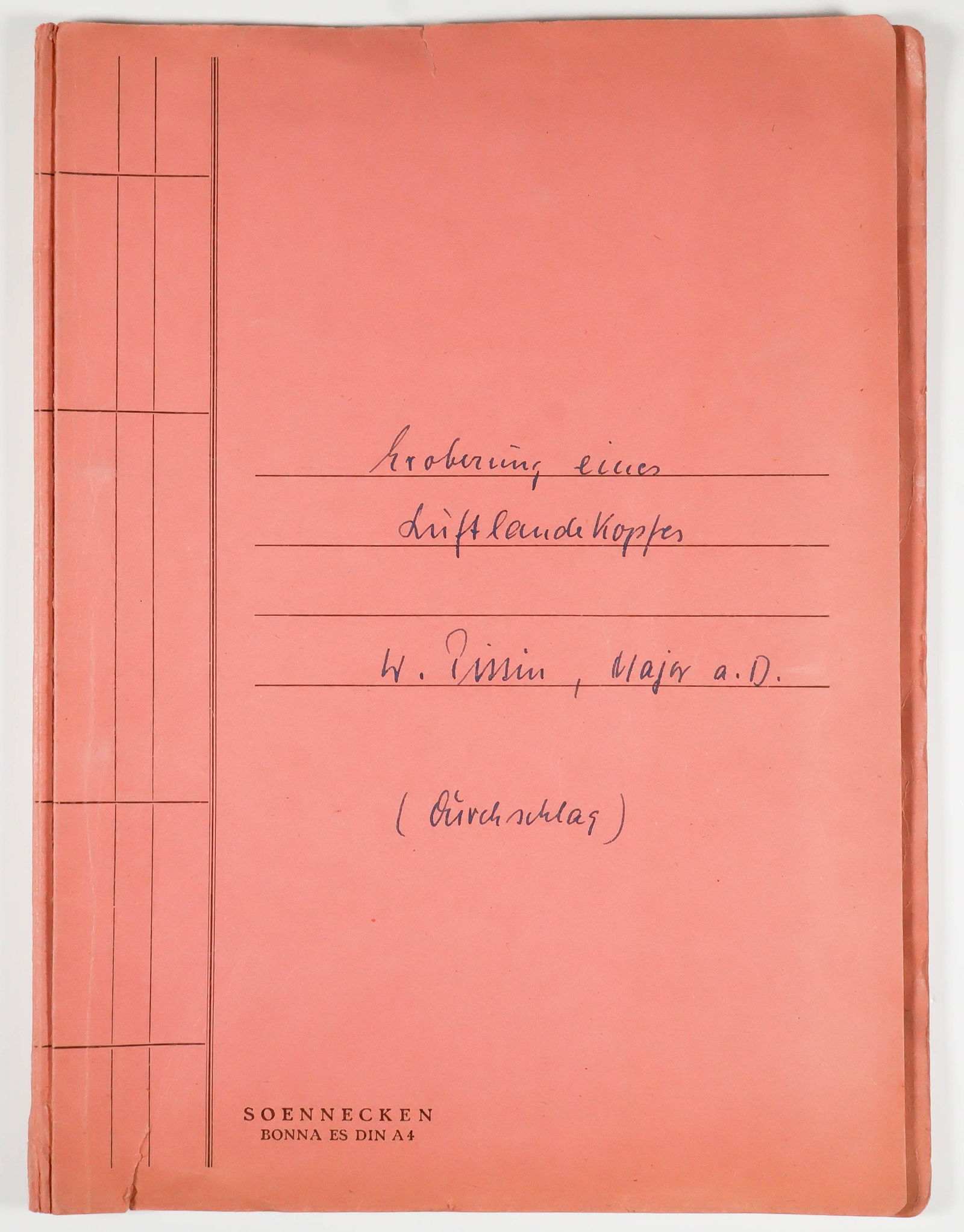 'OPERATION MERKUR' - BATTLE OF CRETE AFTER ACTION BATTLE REPORT BY WERNER PISSIN: WERNER PISSIN Kompaniechef of 6./LL.St.Rgt during the Crete campaign, most noted for his postwar detailed report for the Allies regarding the Battle of Crete. Historic copy of Pissin's report on the B