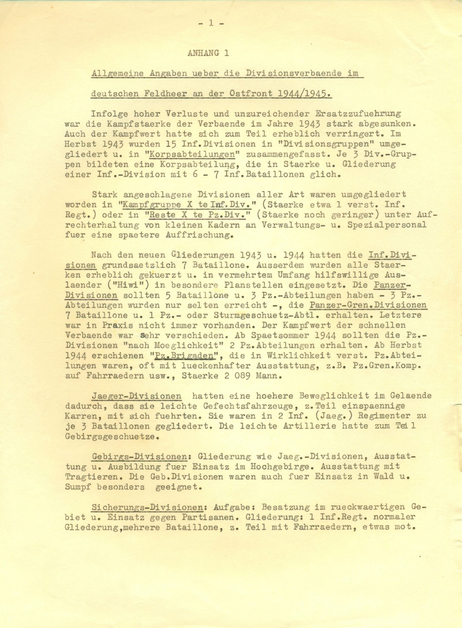 GEN. FRANZ HALDER'S STUDY OF GERMAN DIVISIONS IN THE EAST: Extensive and extremely detailed original typed report: 'Allgemeine Angaben ueber die Divisionsverbande im deutschen Feldheer an der Ostfront 1944/1945' ('General information on the organization of Di