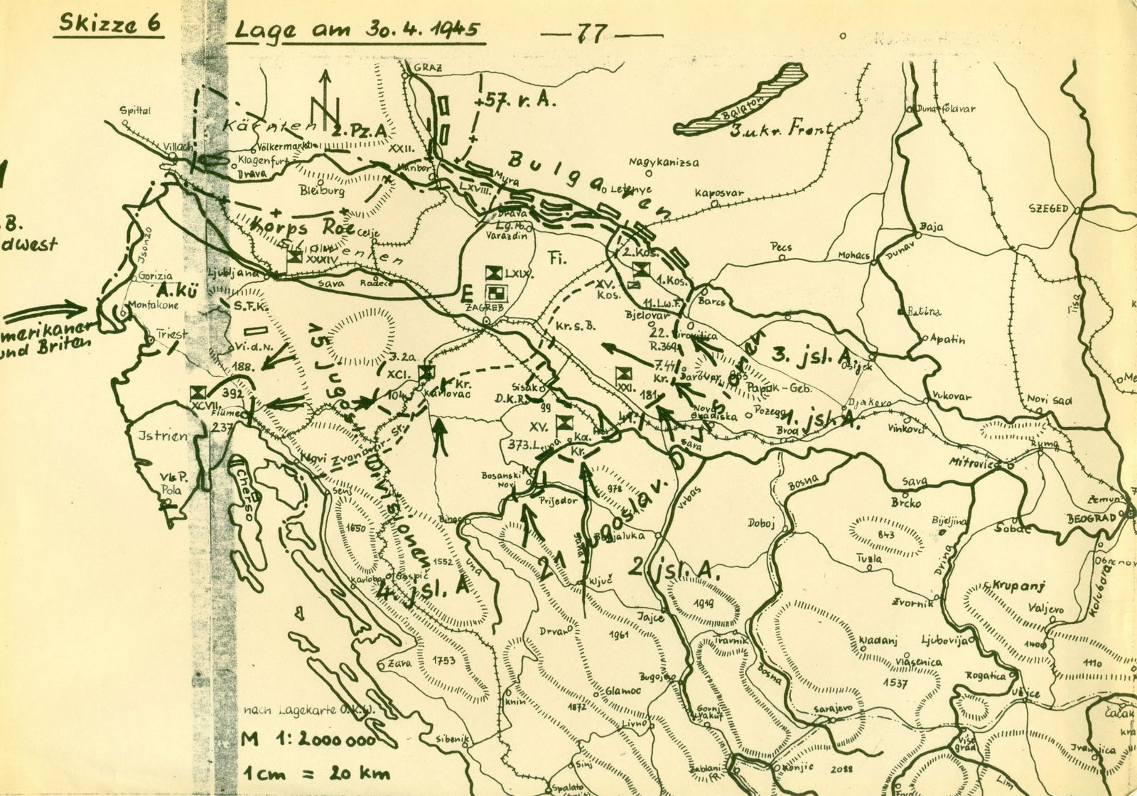 GEN. FRANZ HALDER'S MAPS OF THE 1945 GERMAN COLLAPSE IN THE BALKANS: Pair of identical period printed maps from the personal files of German Gen. FRANZ HALDER (1884–1972), each prepared by the German Army High Command and depicting the collapse of the German fron