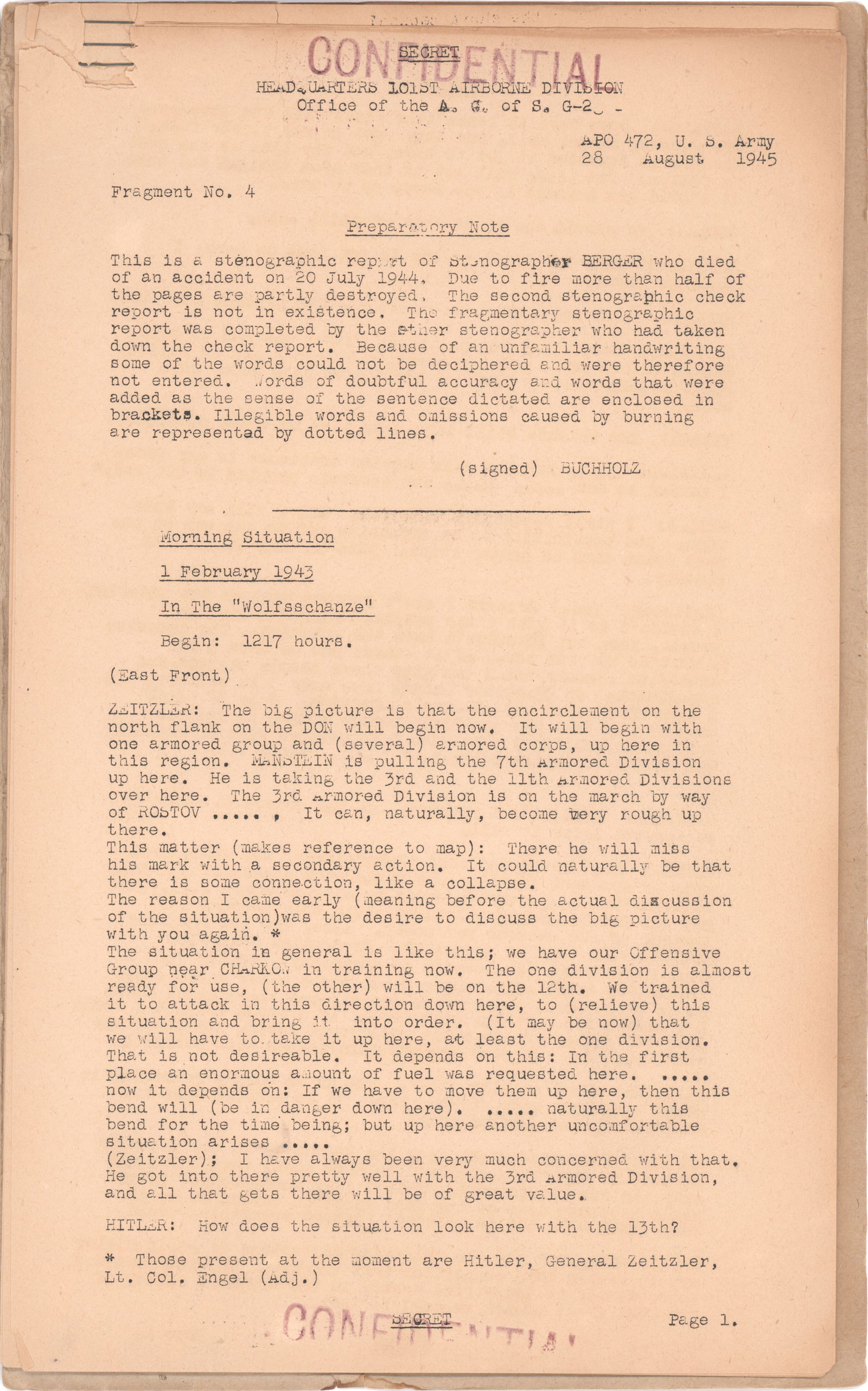 101ST AIRBORNE DIVISION SALVAGES DOCUMENTS DAMAGED IN THE ASSASSINATION ATTEMPT ON HITLER (1 of 4)