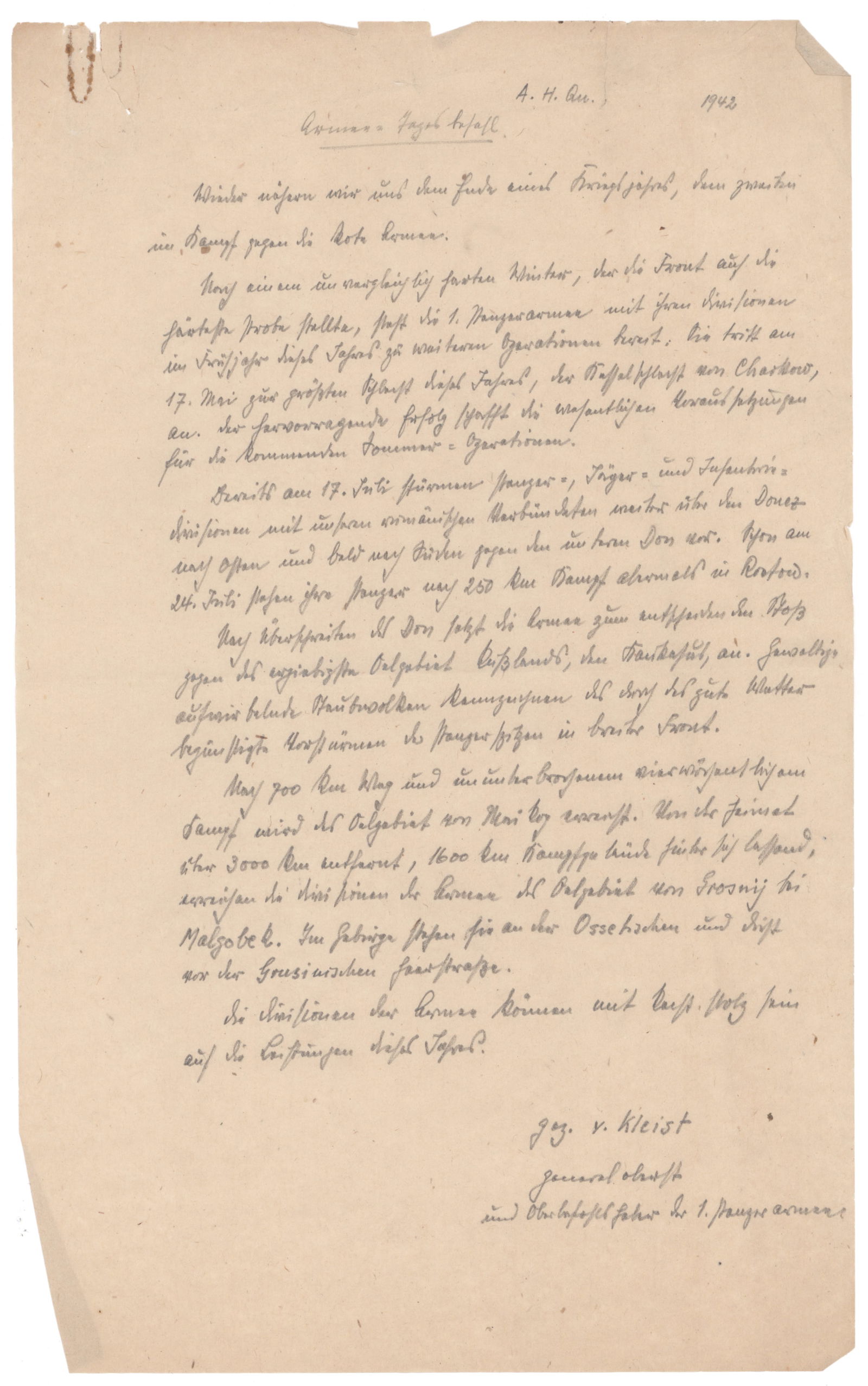 GEN. FRANZ HALDER'S COPY OF VON KLEIST'S 1942 MESSAGE TO THE 1ST PANZER ARMY (1 of 2)