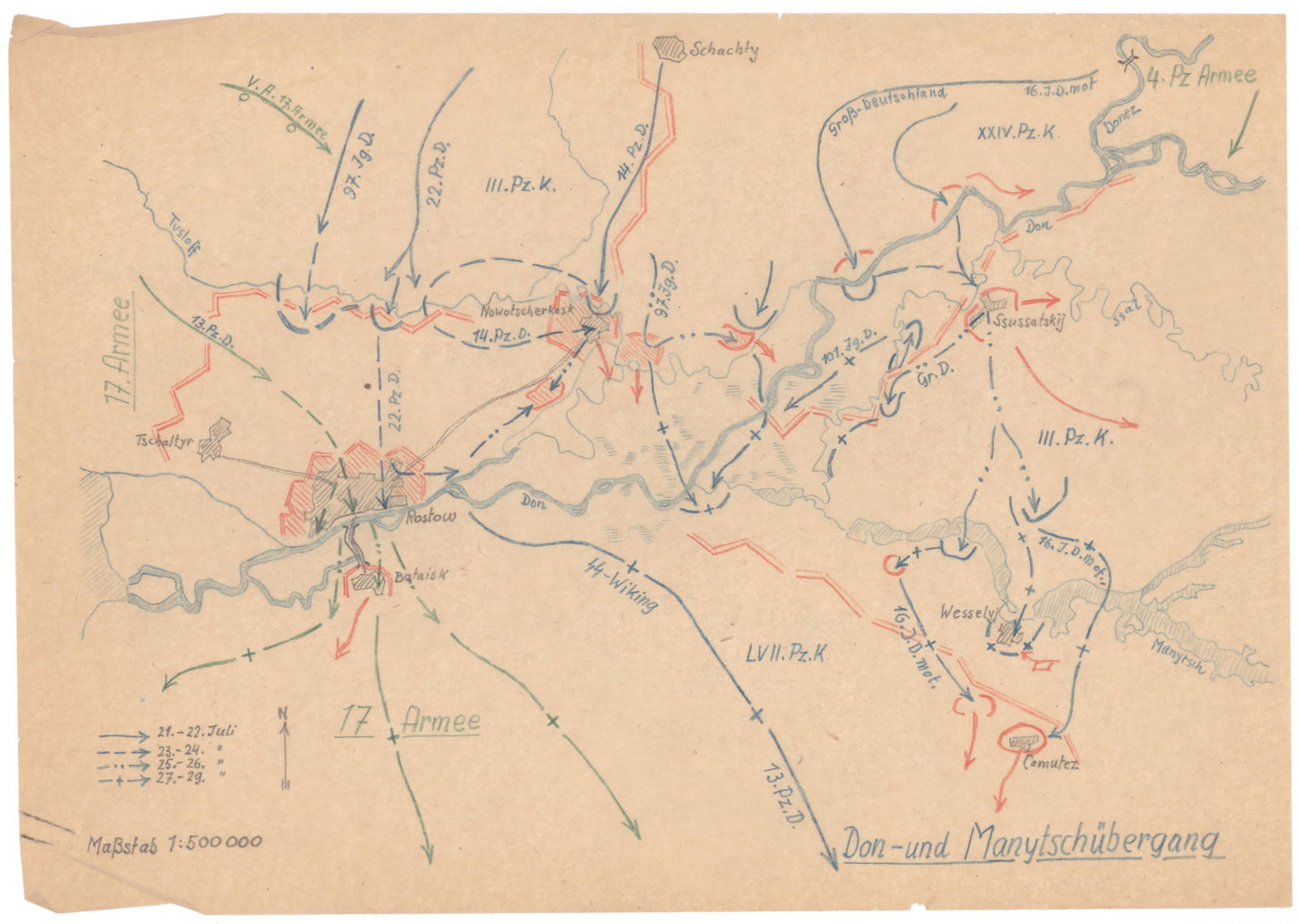 VON KLEIST REPORTS ON THE 1ST PANZER ARMY AND 'CASE BLUE': Fine assemblage of three manuscript documents and three hand-drawn maps, all from the files of Gen. FRANZ HALDER (1884-1972) German chief of staff and planner of Operation Barbarossa, 20pp. legal