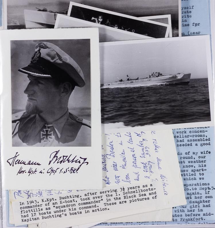 KRIEGSMARINE KNIGHTS CROSS RECIPIENTS COLLECTION (250+/-): An amazing group of about 250 items, including 200 photos, letters, notes, etc. signed by German admirals and U-boat, E-boat, and commerce raider commanders, all of whom had been awarded the Knights