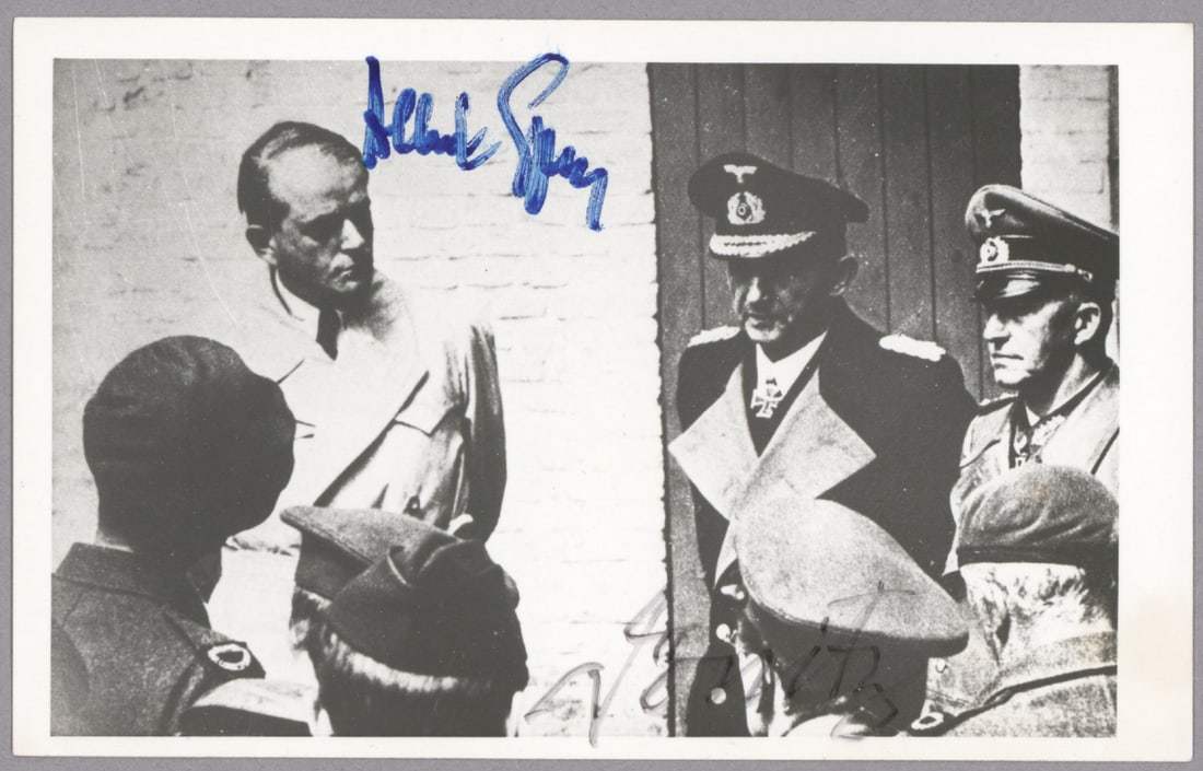 ALBERT SPEER: (1905-1981) Nazi German architect and Minister of Armaments and War Production, convicted of war crimes at Nuremburg. S.P. 5 in. x 3.5 in., a reprint of a portrait showing Speer with other Nazi