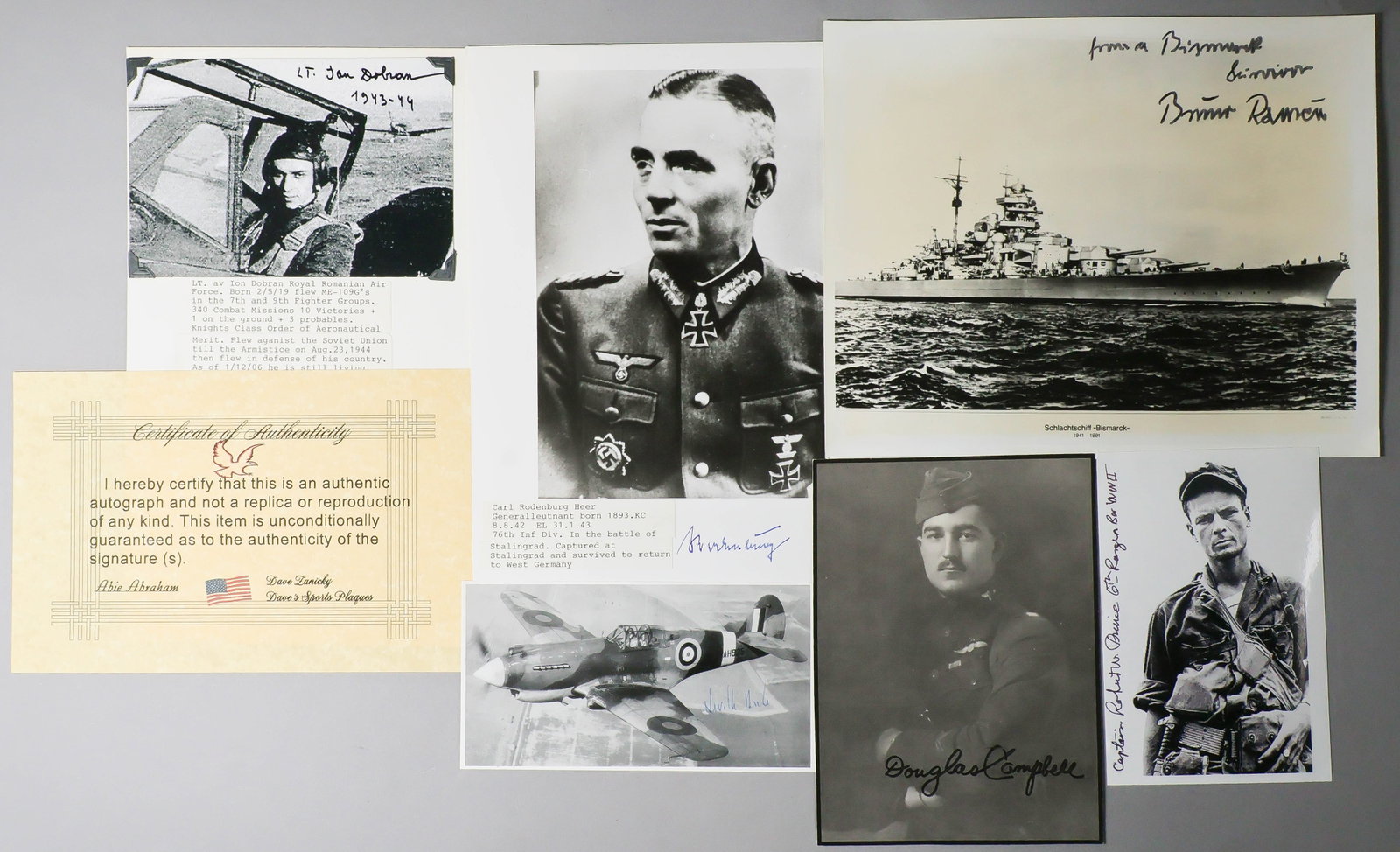 ALLIED AND AXIS AUTOGRAPH MISCELLANY (6): Lot of six photographs signed by Allied and Axis figures, various sizes, the balance of a collection. Included is: RAF Squadron Leader and ace NEVILLE F. DUKE, DOUGLAS CAMPBELL, CARL RODENBURG, BRUNO