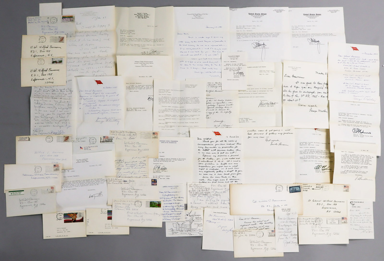AMERICAN GENERALS AND MILITARY NOTABLES (37): Large lot of approx. 37 handwritten and typed letters signed, all sent to an American colonel in the 1980s, most from generals who served in World War II and the Cold War. Most are signed in full,