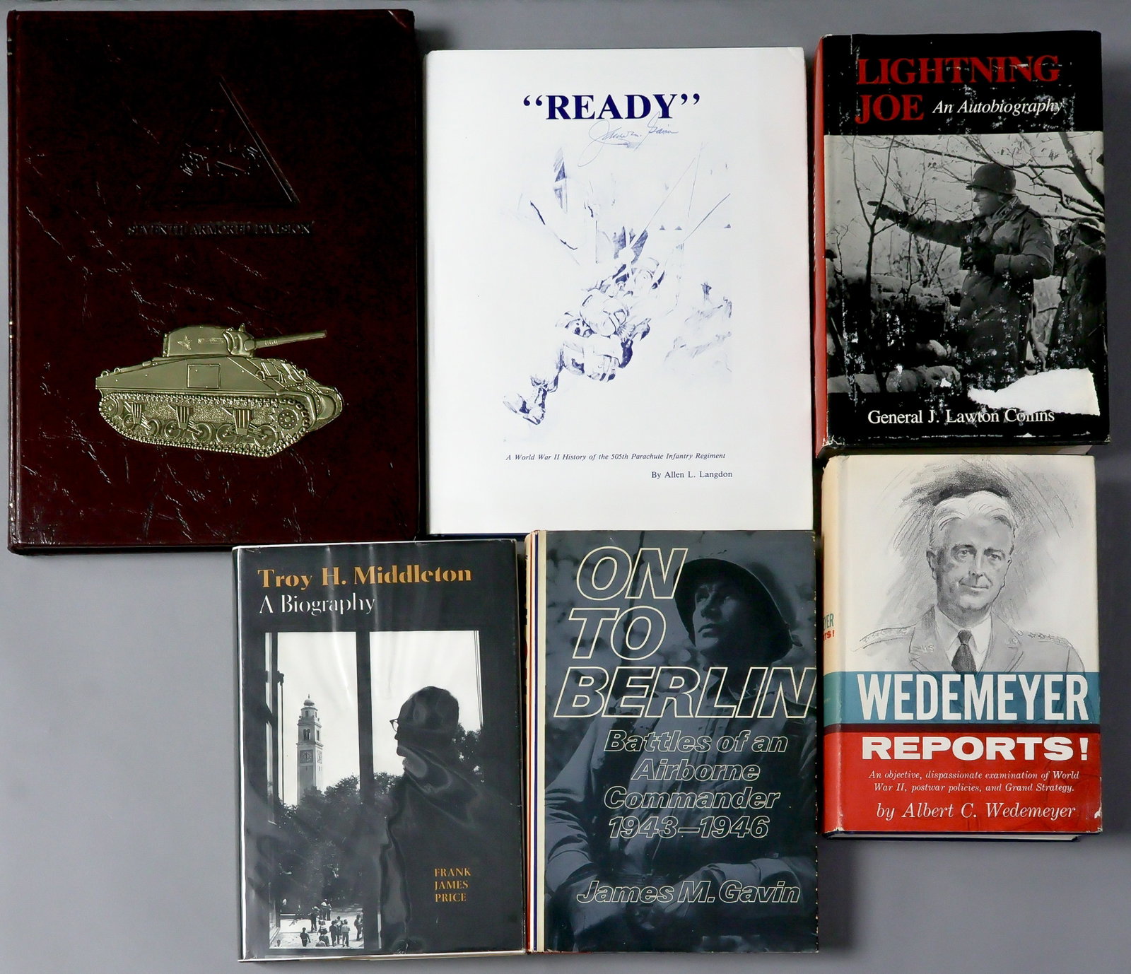 AMERICAN GENERALS' SIGNED BOOKS (6): Excellent lot of hardcover six books signed by American generals serving during World War II. Included is 'On to Berlin' by Gen. JAMES M. GAVIN (New York: Viking Press), 1978, signed three times;